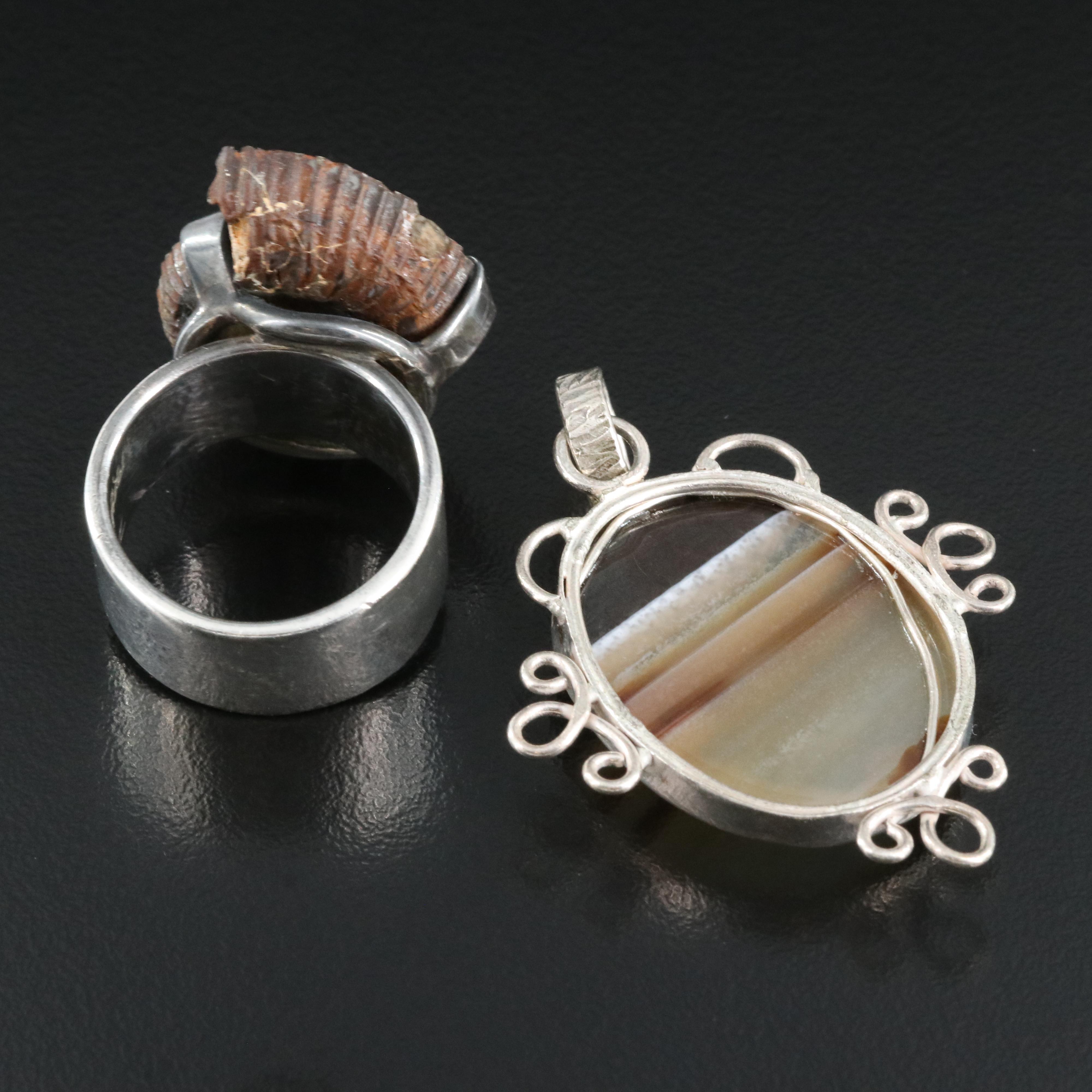 Sterling Ring and Pendant Including Agate and Ammonite
