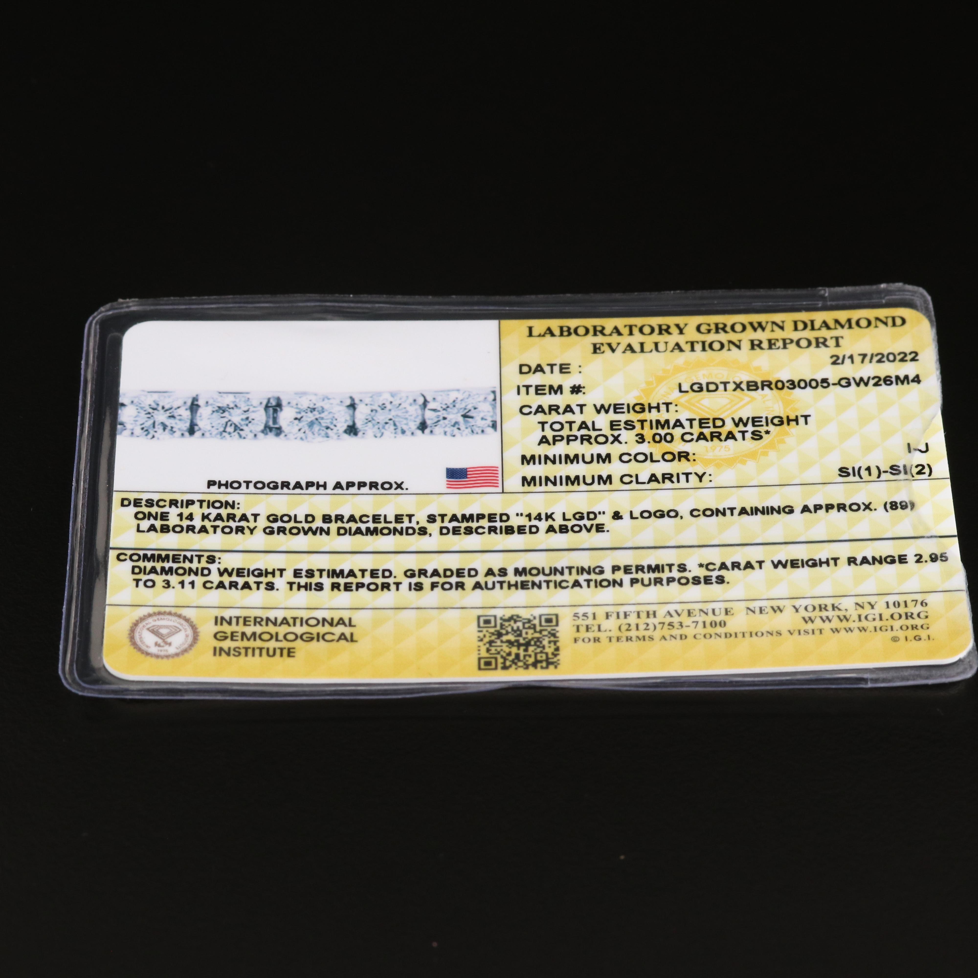 14K 3.00 CTW Lab Grown Diamond Line Bracelet with IGI Report