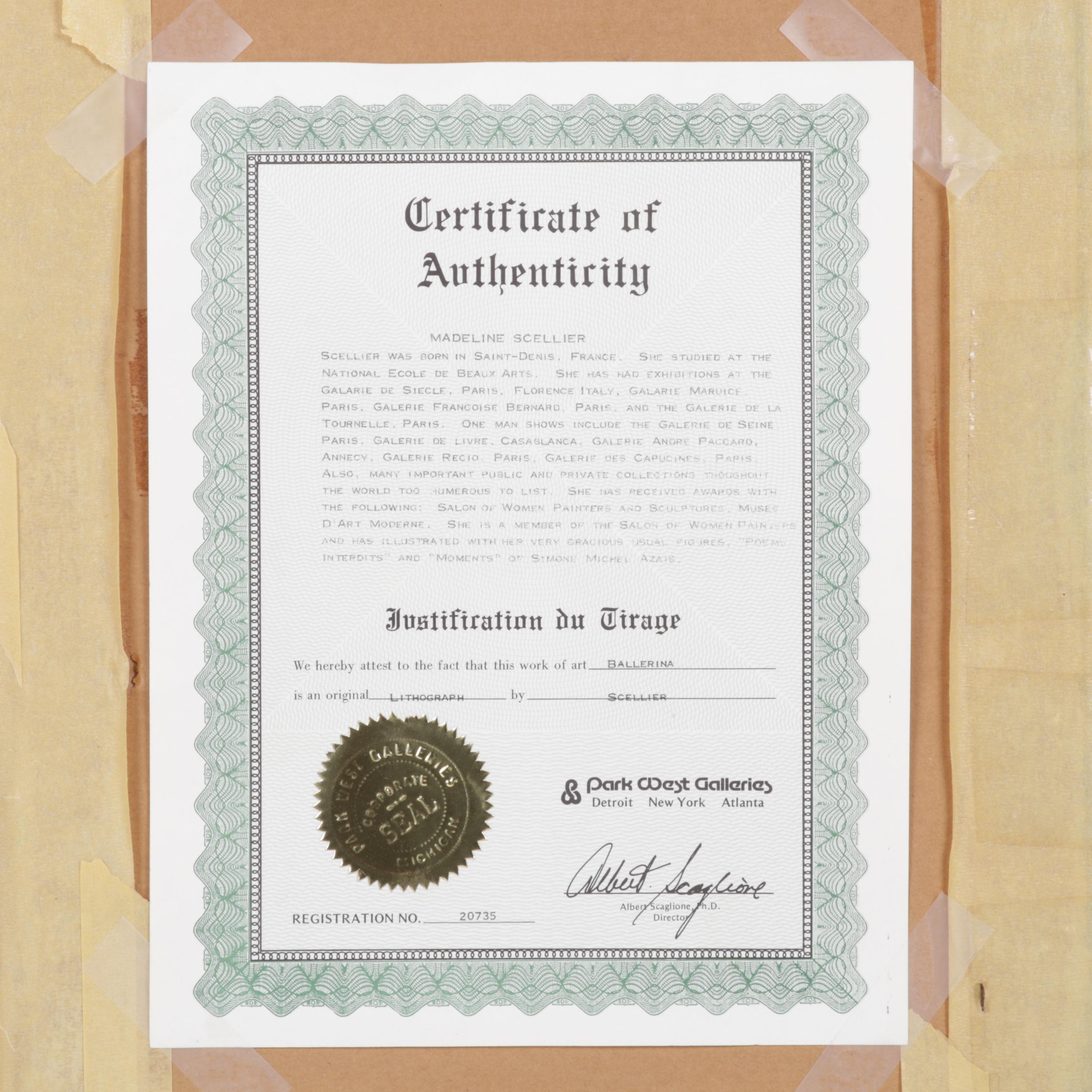 Madeleine Scellier Color Lithograph "Ballerina," Late 20th Century