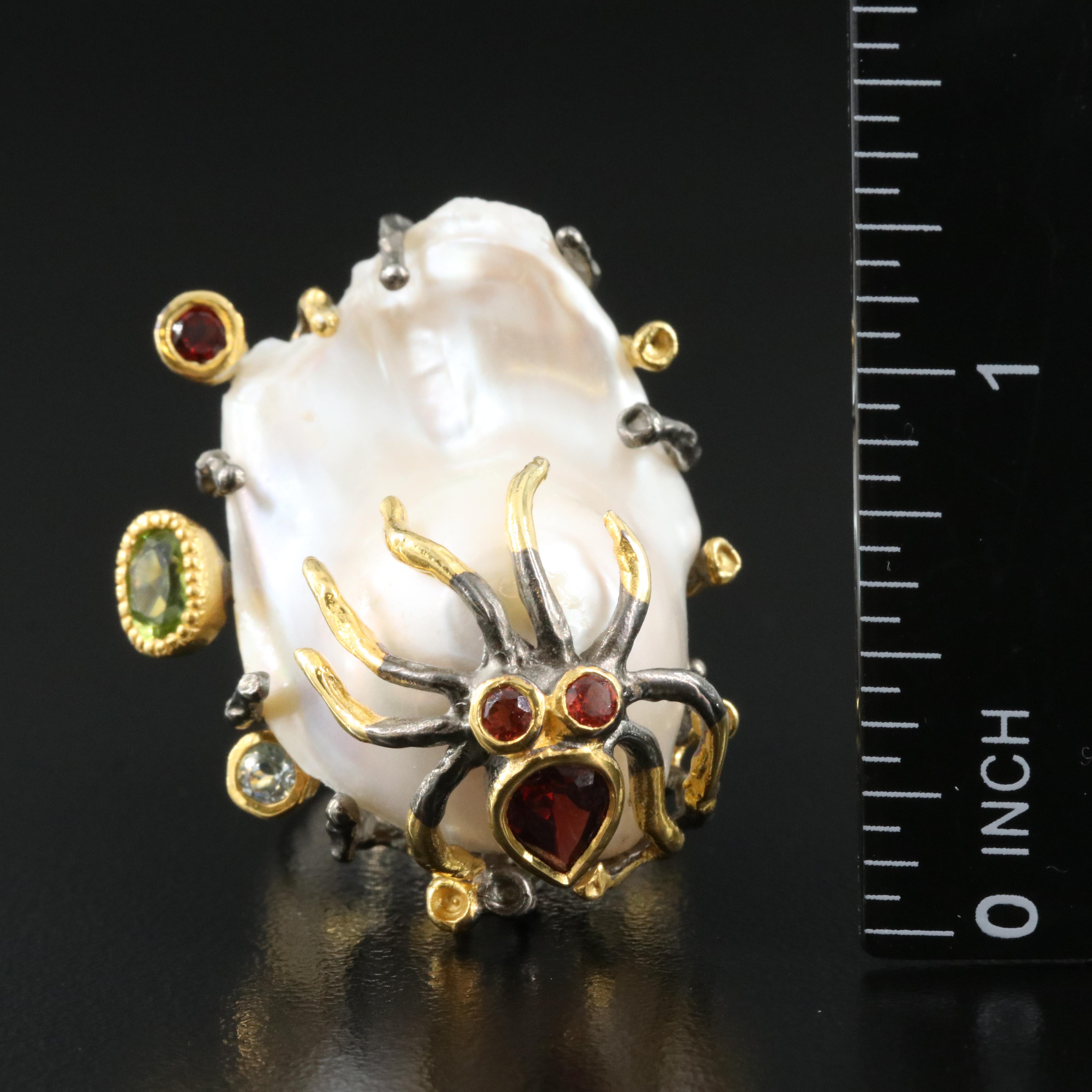 Sterling Octopus Ring Including Pearl, Peridot and Garnet