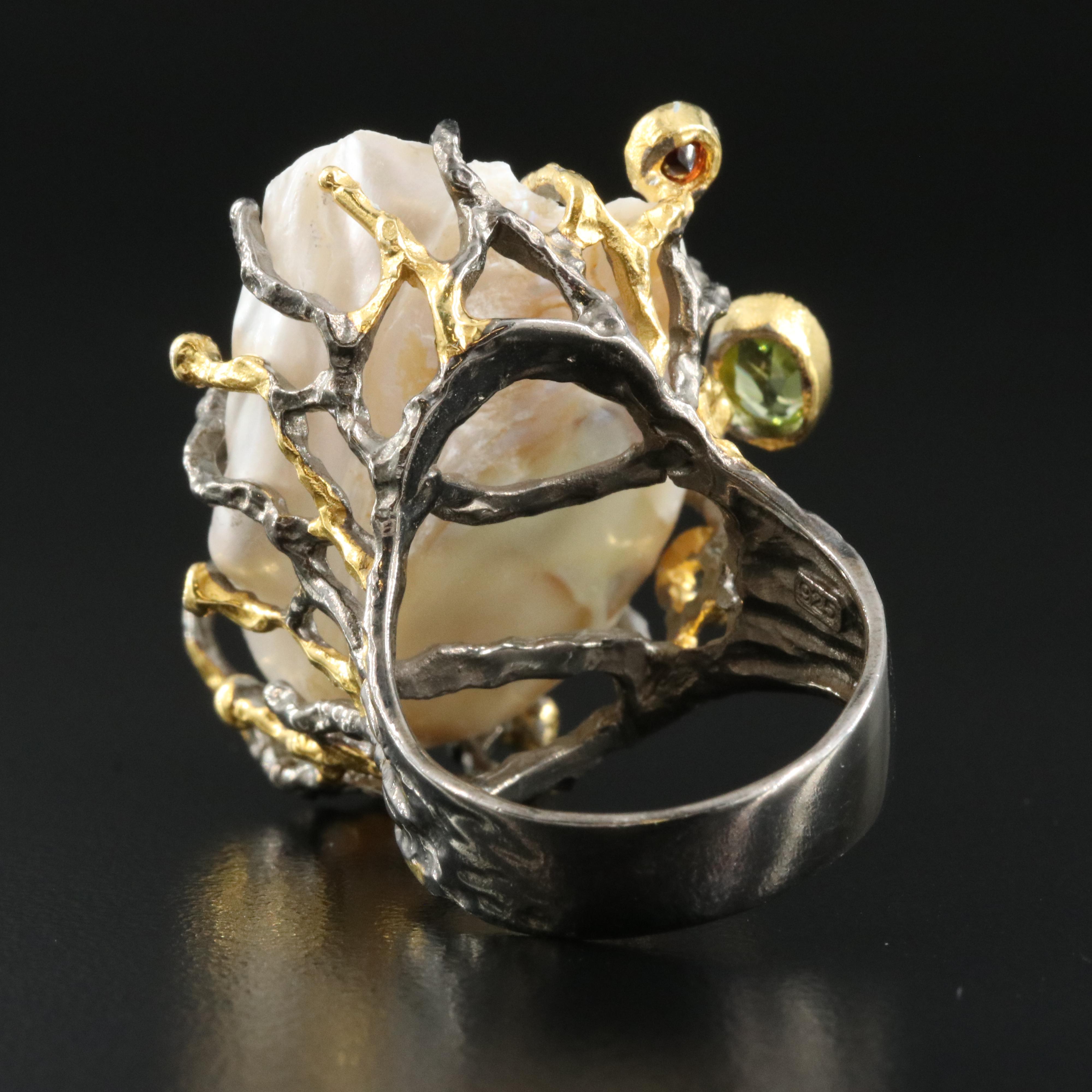 Sterling Octopus Ring Including Pearl, Peridot and Garnet