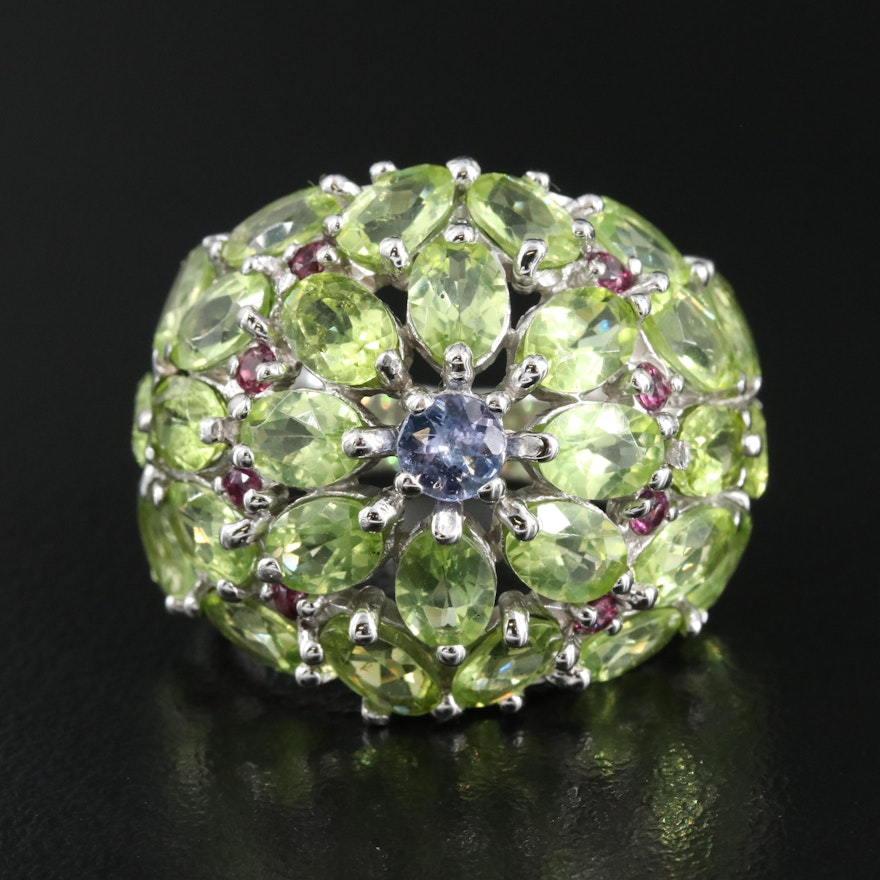 Sterling Peridot, Garnet and Tanzanite Floral Ring