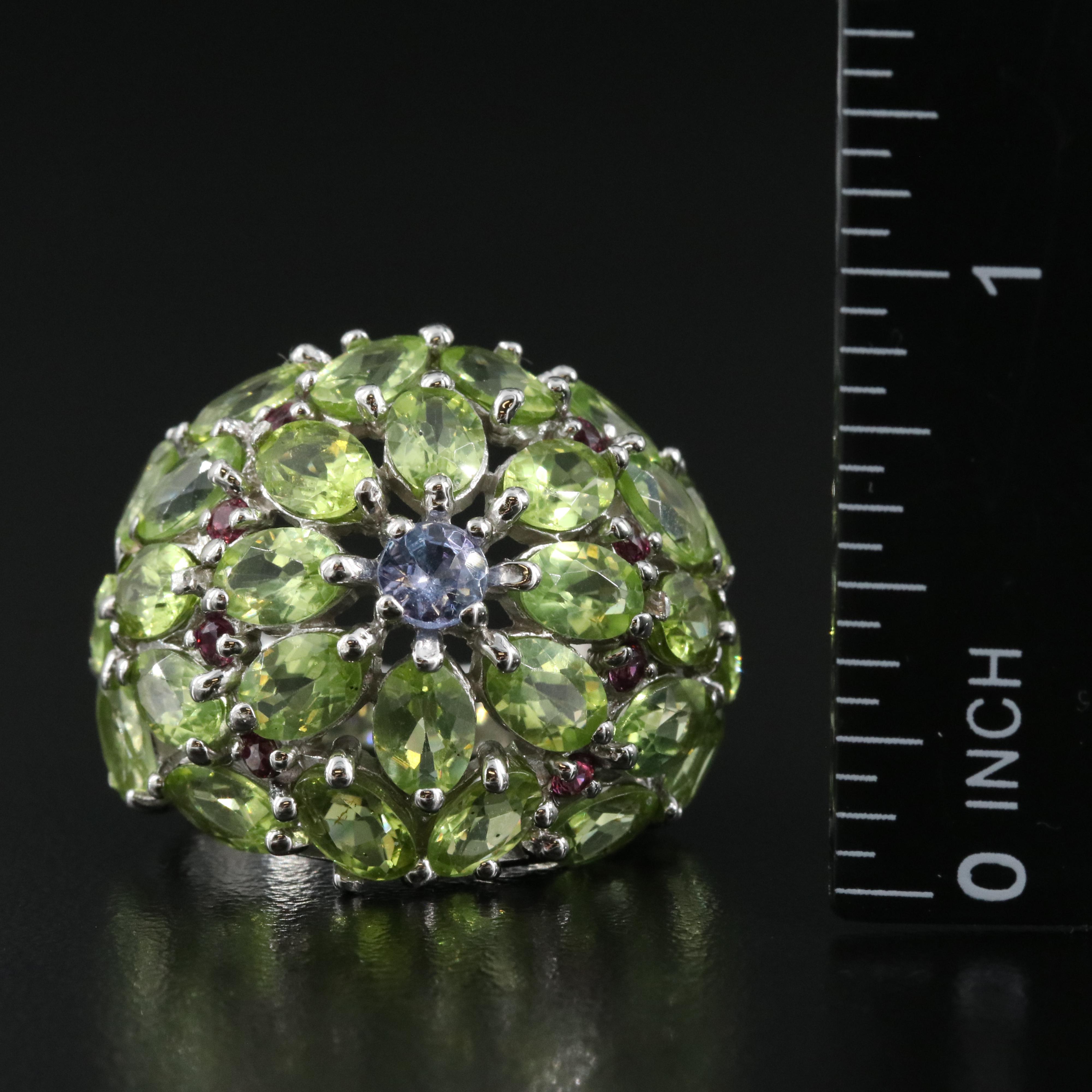 Sterling Peridot, Garnet and Tanzanite Floral Ring
