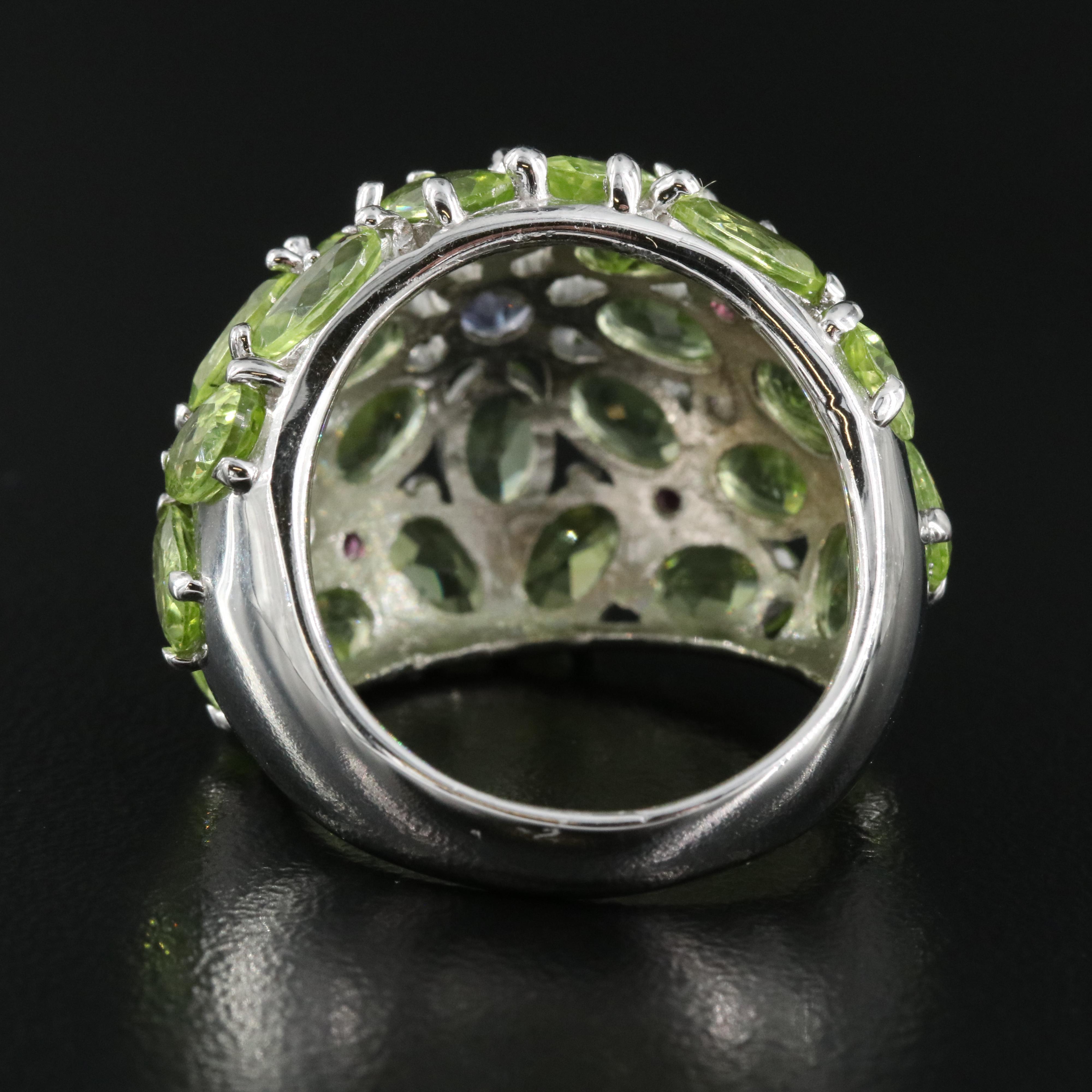 Sterling Peridot, Garnet and Tanzanite Floral Ring