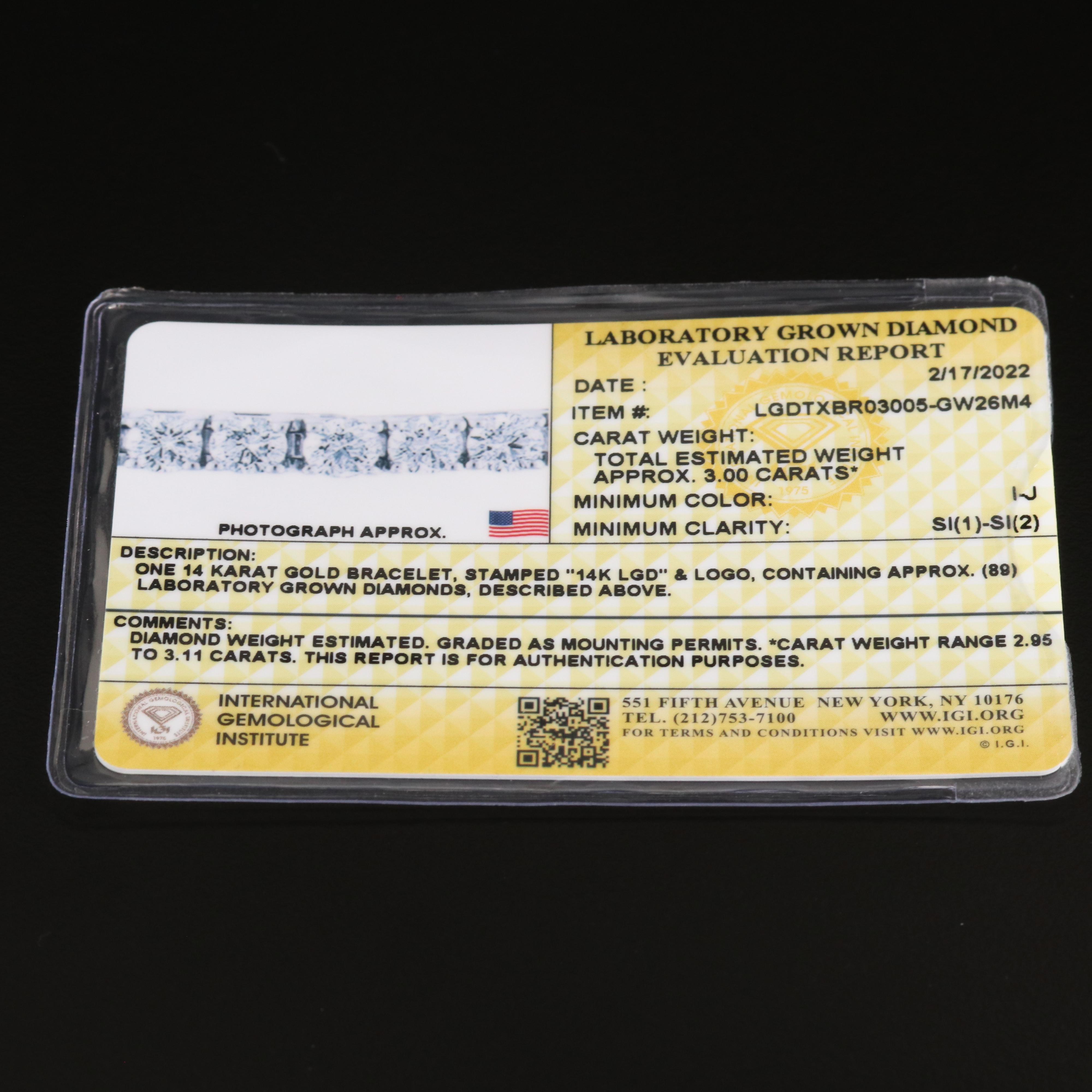 14K 3.00 CTW Lab Grown Diamond Line Bracelet with IGI Report