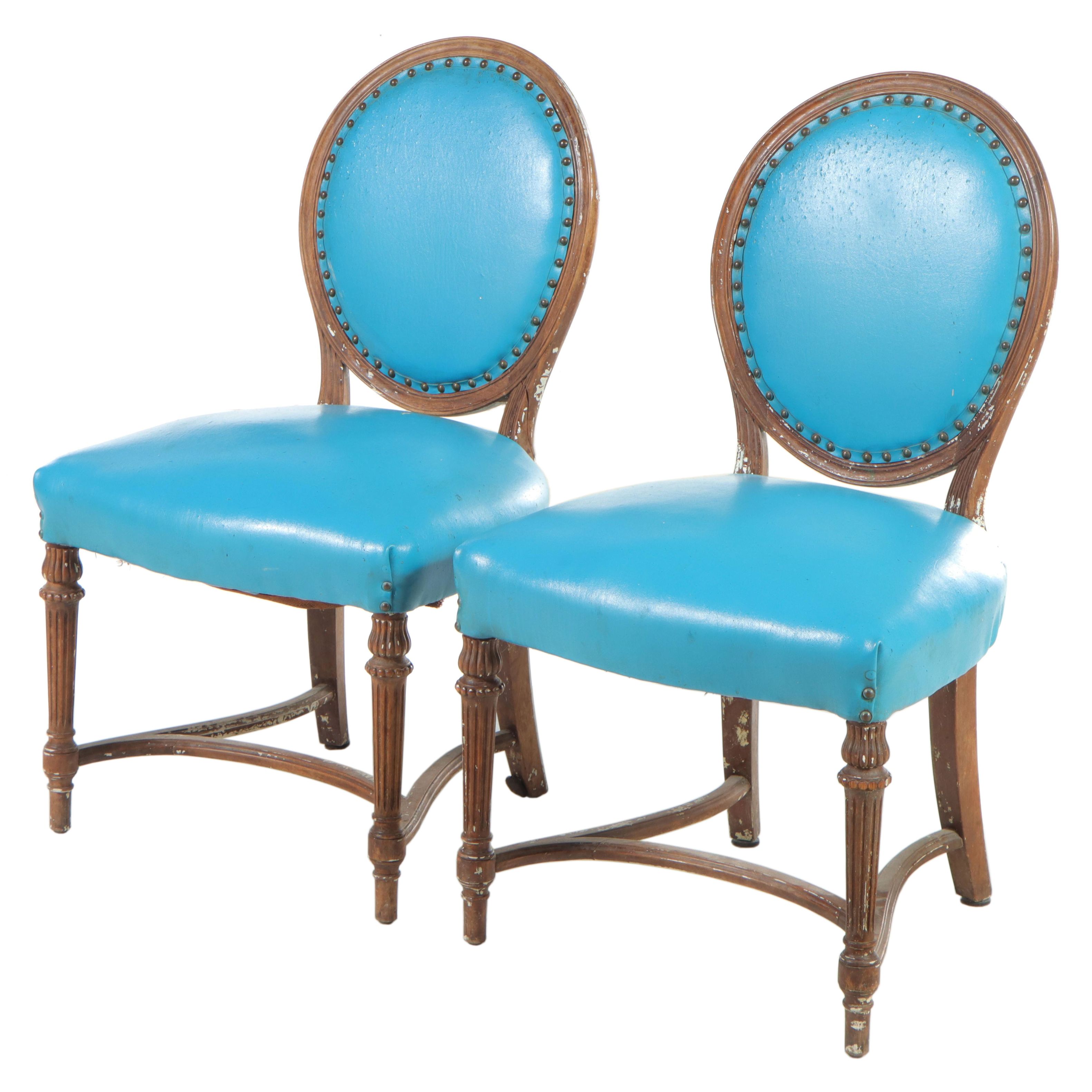 Pair of Louis XVI Style Walnut and Blue Vinyl Salon Chairs, Late 19th Century
