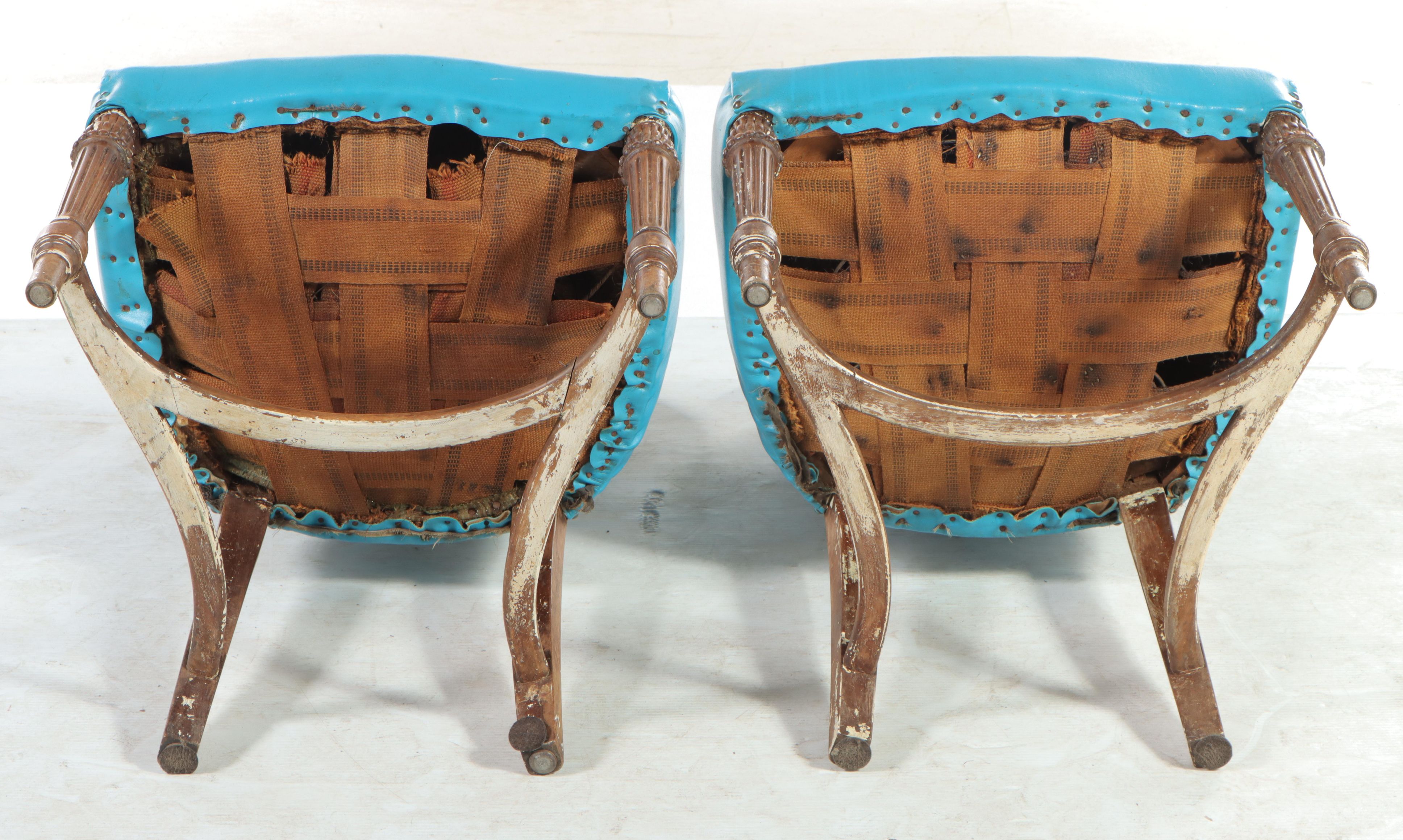 Pair of Louis XVI Style Walnut and Blue Vinyl Salon Chairs, Late 19th Century