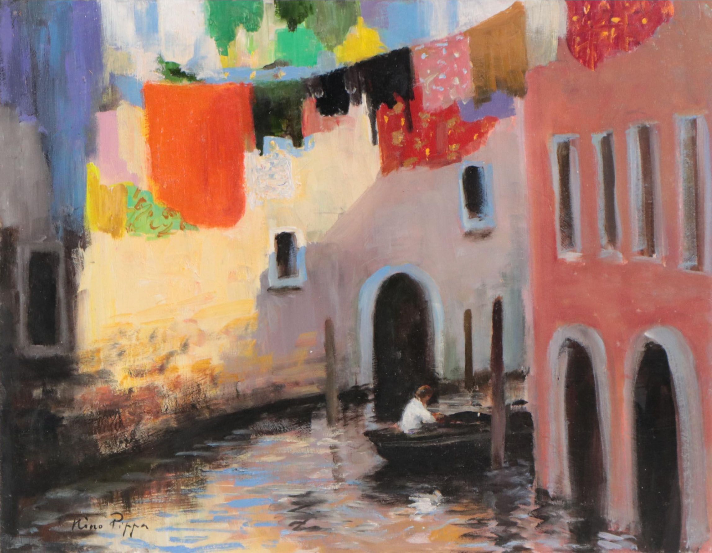 Nino Pippa Oil Painting "Venice - Side Canal / Laundry Day," 2018