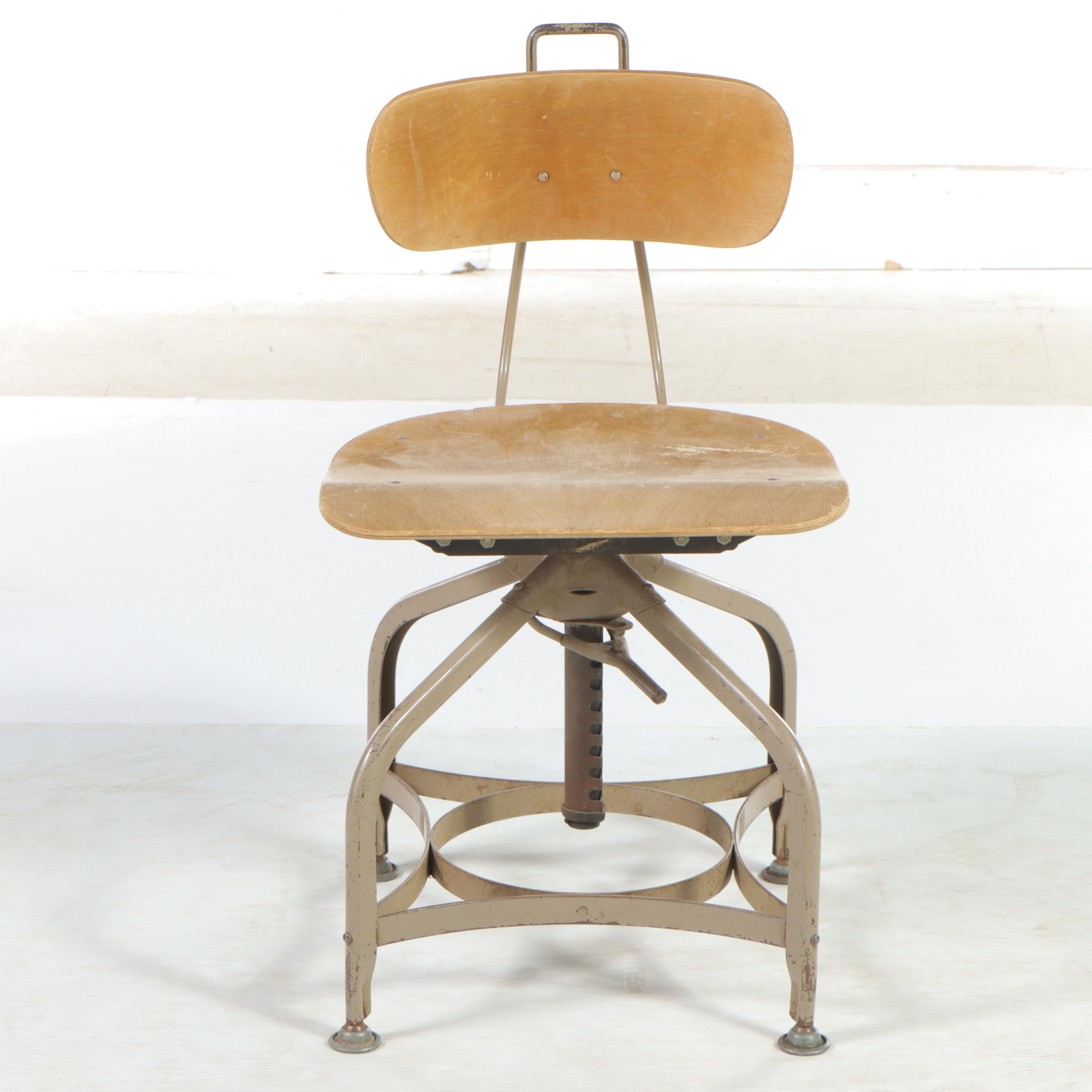 Industrial Birch and Metal Adjustable Drafting Stool, Mid to Late 20th Century