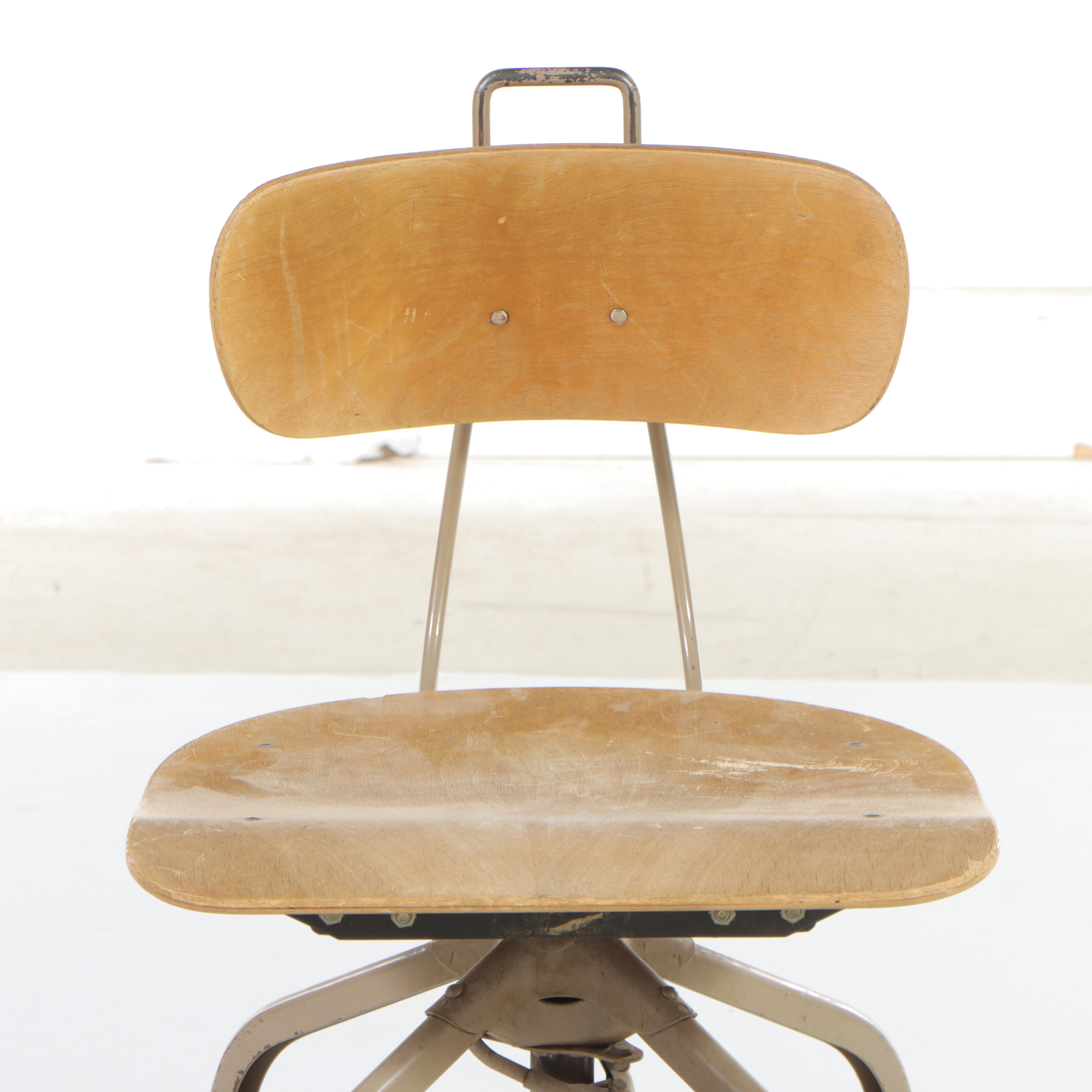 Industrial Birch and Metal Adjustable Drafting Stool, Mid to Late 20th Century