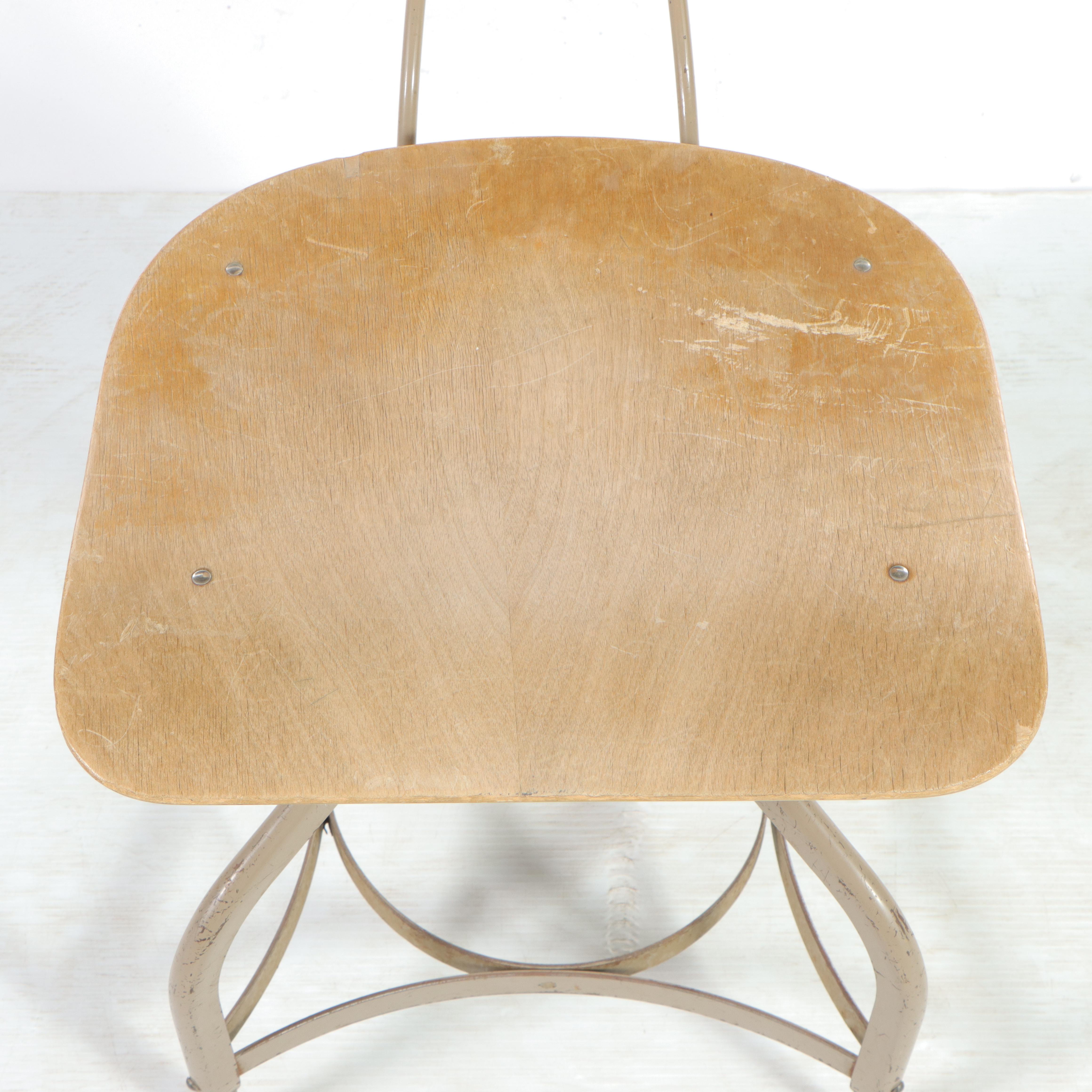 Industrial Birch and Metal Adjustable Drafting Stool, Mid to Late 20th Century