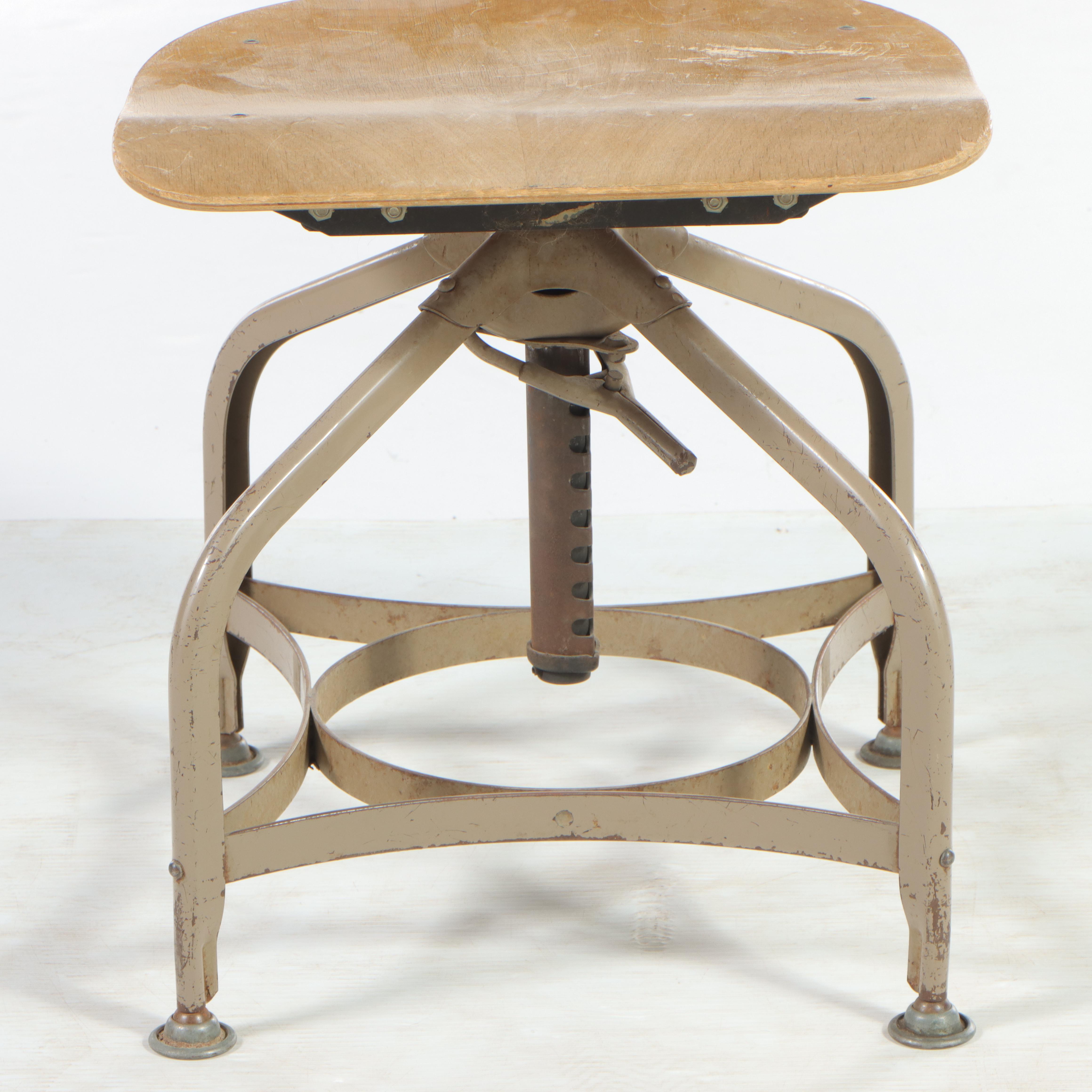 Industrial Birch and Metal Adjustable Drafting Stool, Mid to Late 20th Century
