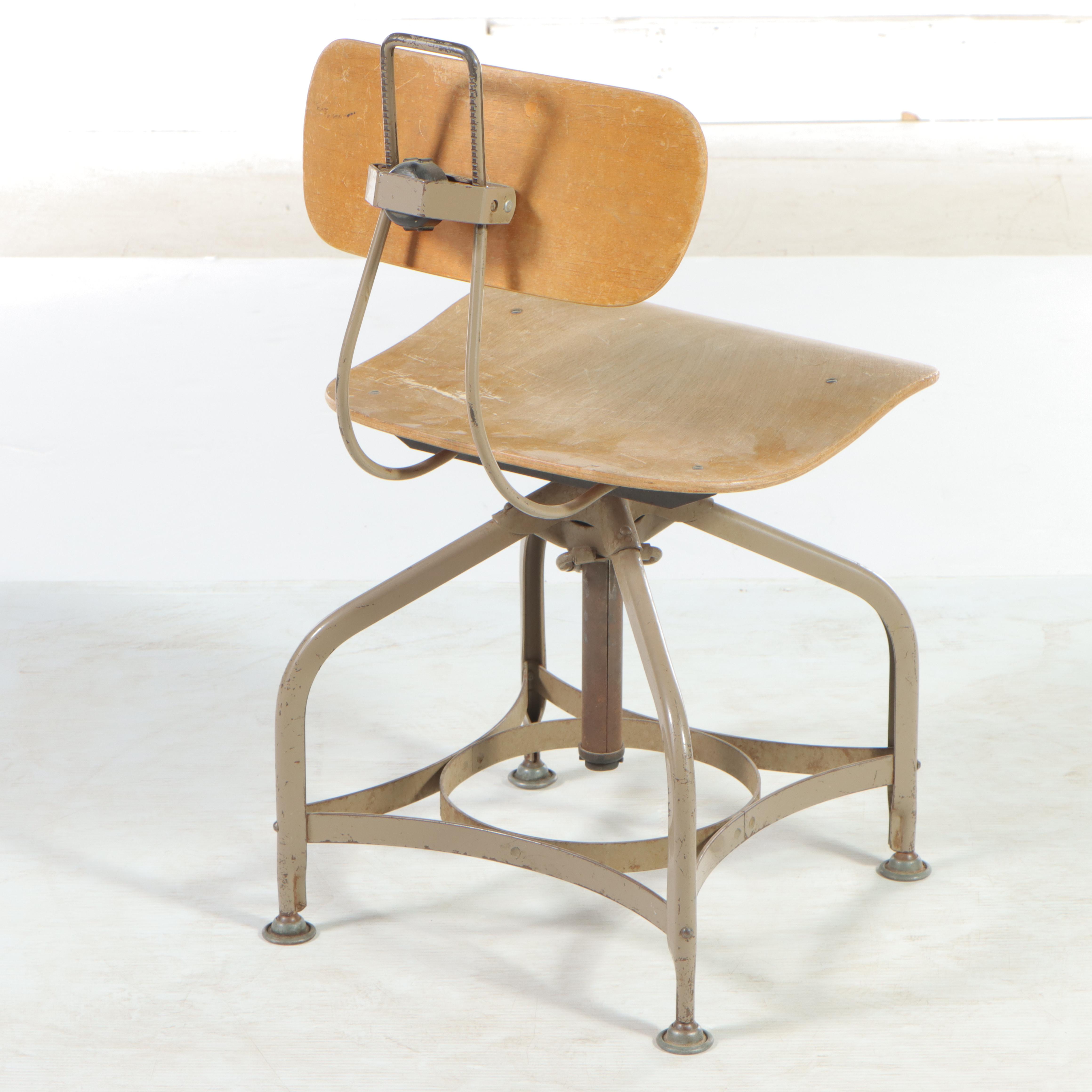 Industrial Birch and Metal Adjustable Drafting Stool, Mid to Late 20th Century