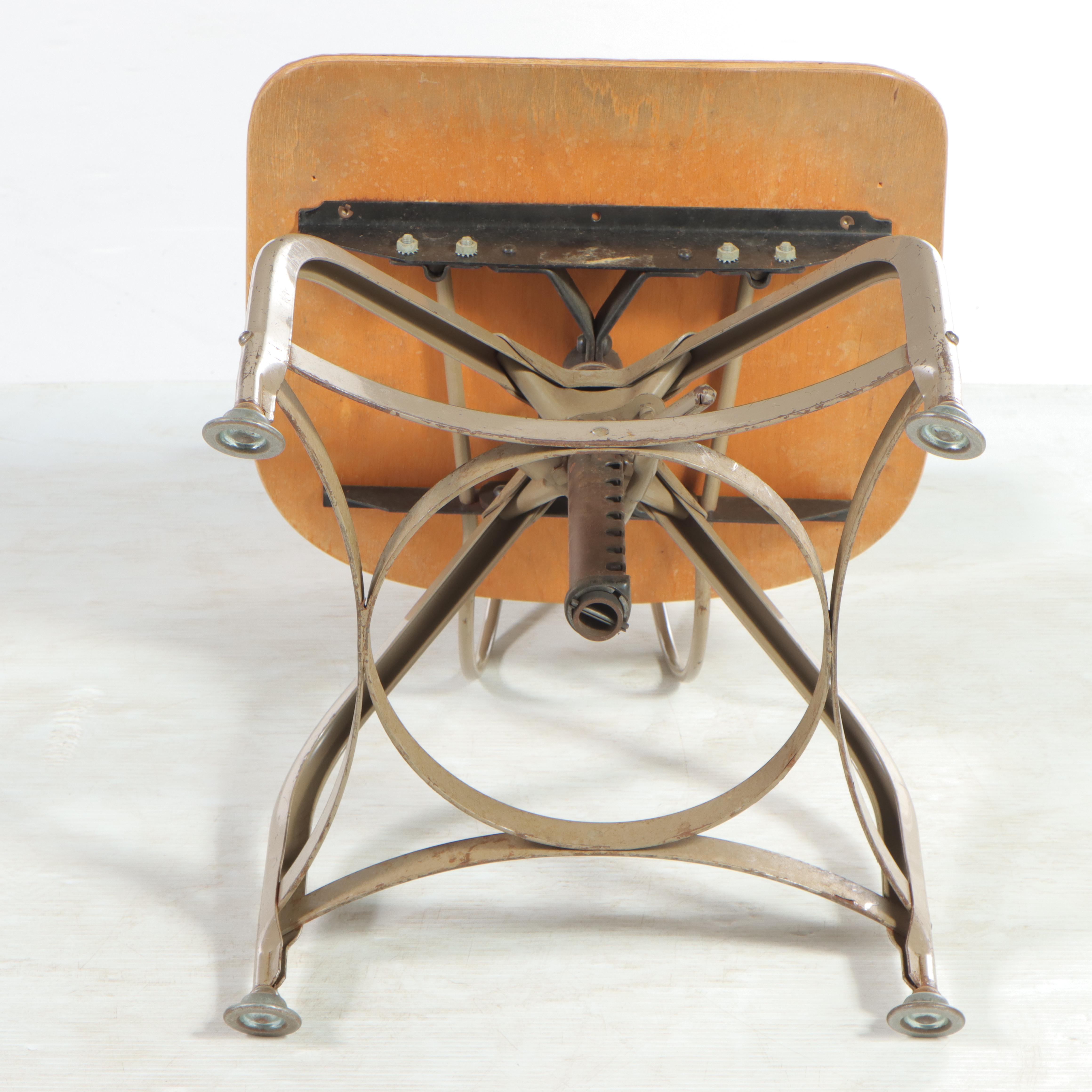 Industrial Birch and Metal Adjustable Drafting Stool, Mid to Late 20th Century