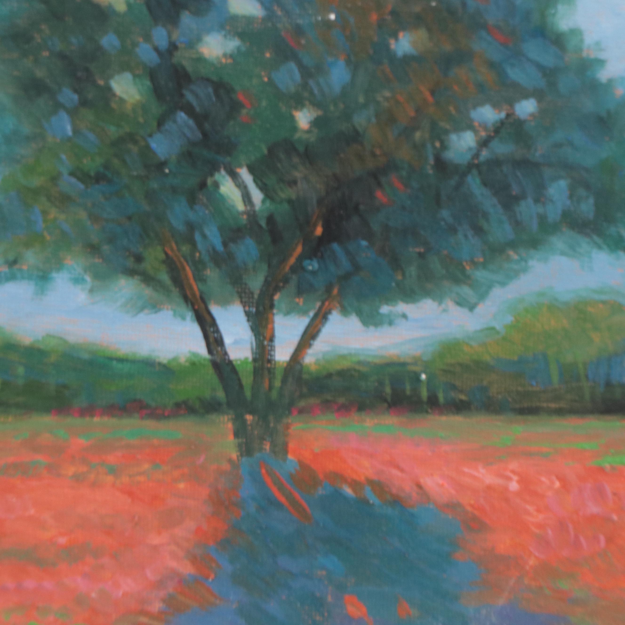 Sulmaz H. Radvand Oil Painting of Lone Tree in a Field of Flowers, 21st Century