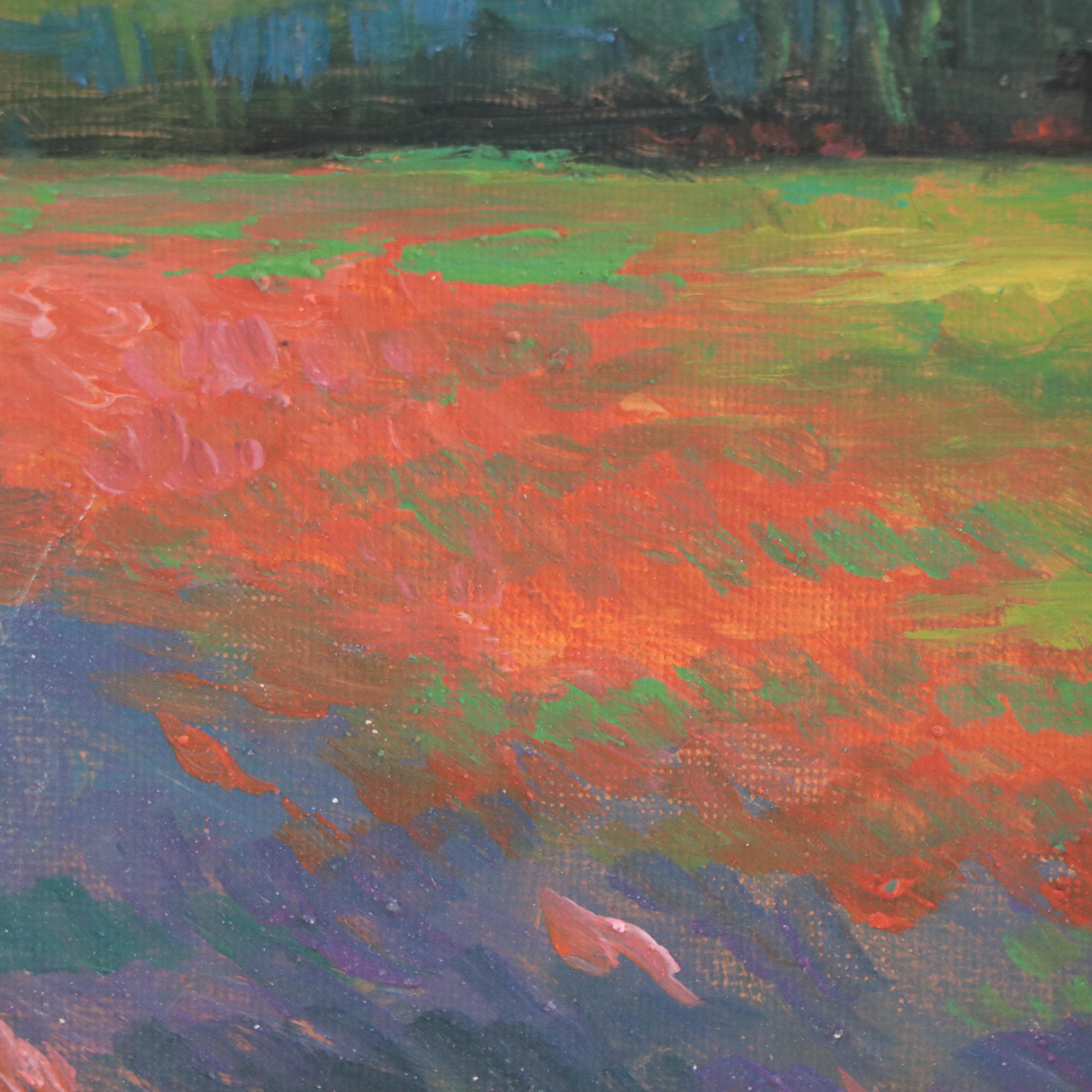 Sulmaz H. Radvand Oil Painting of Lone Tree in a Field of Flowers, 21st Century