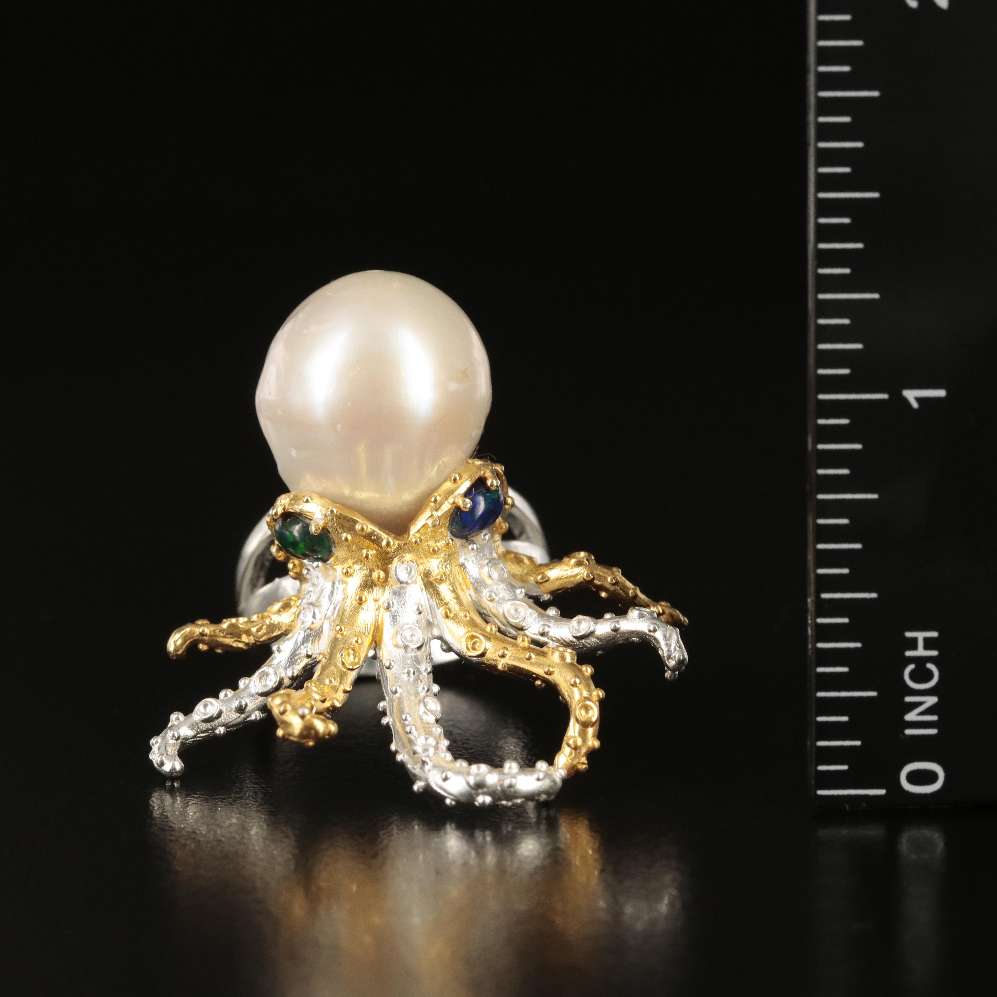 Sterling Pearl and Opal Figural Octopus Ring