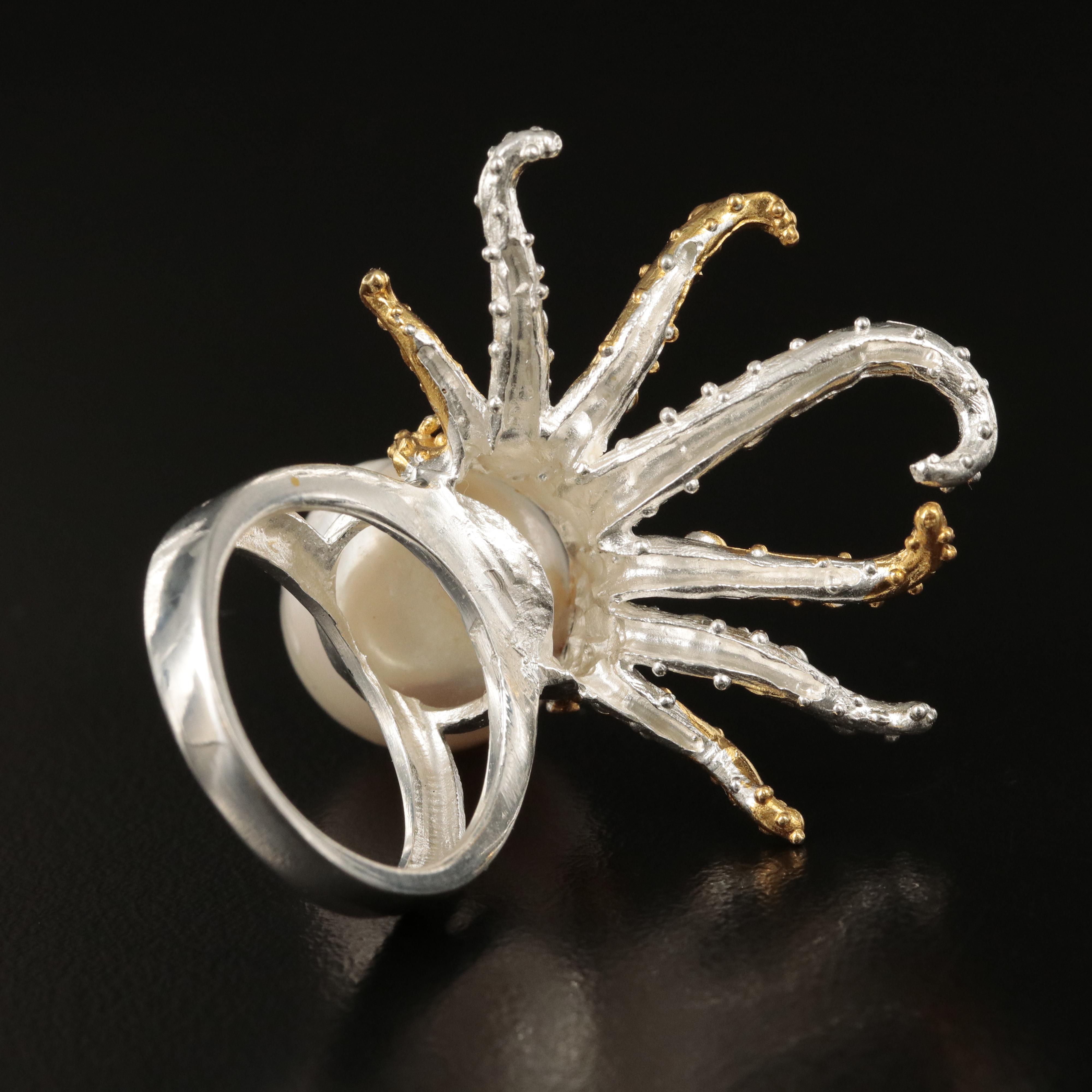Sterling Pearl and Opal Figural Octopus Ring