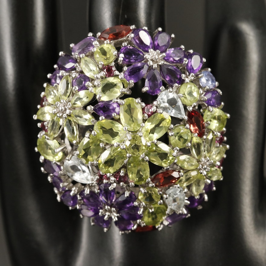 Sterling Peridot, Amethyst and Aquamarine Floral Statement Ring