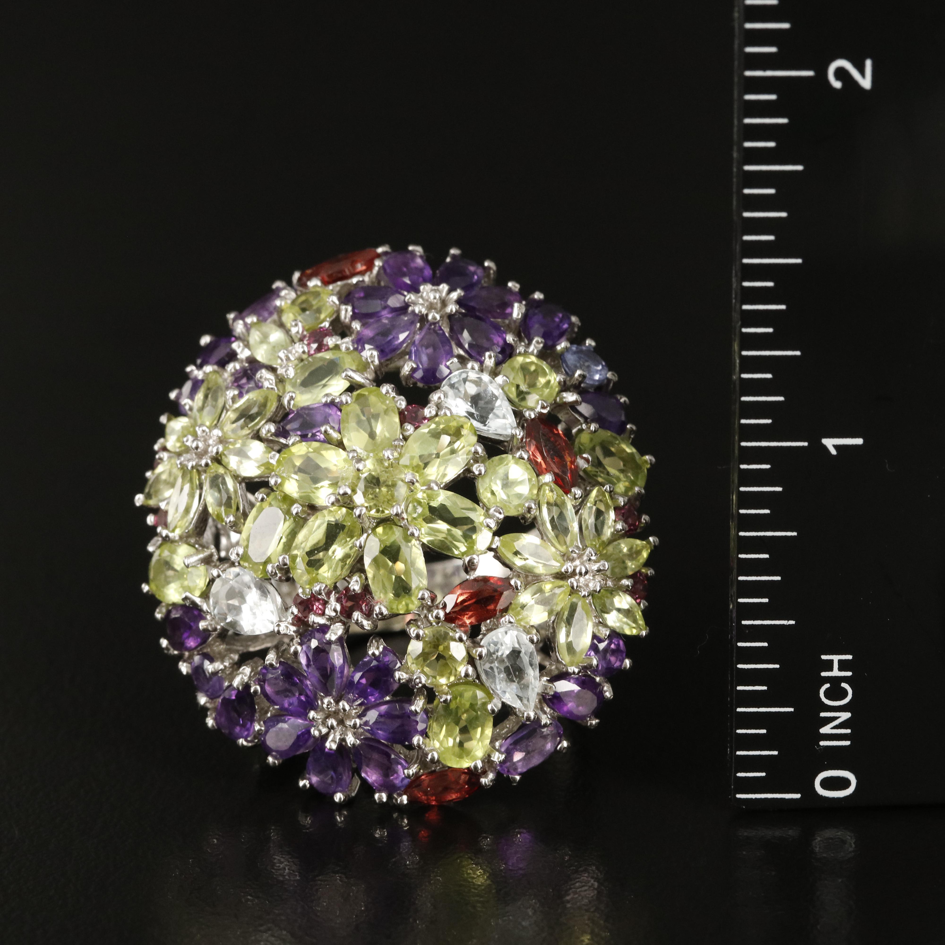 Sterling Peridot, Amethyst and Aquamarine Floral Statement Ring