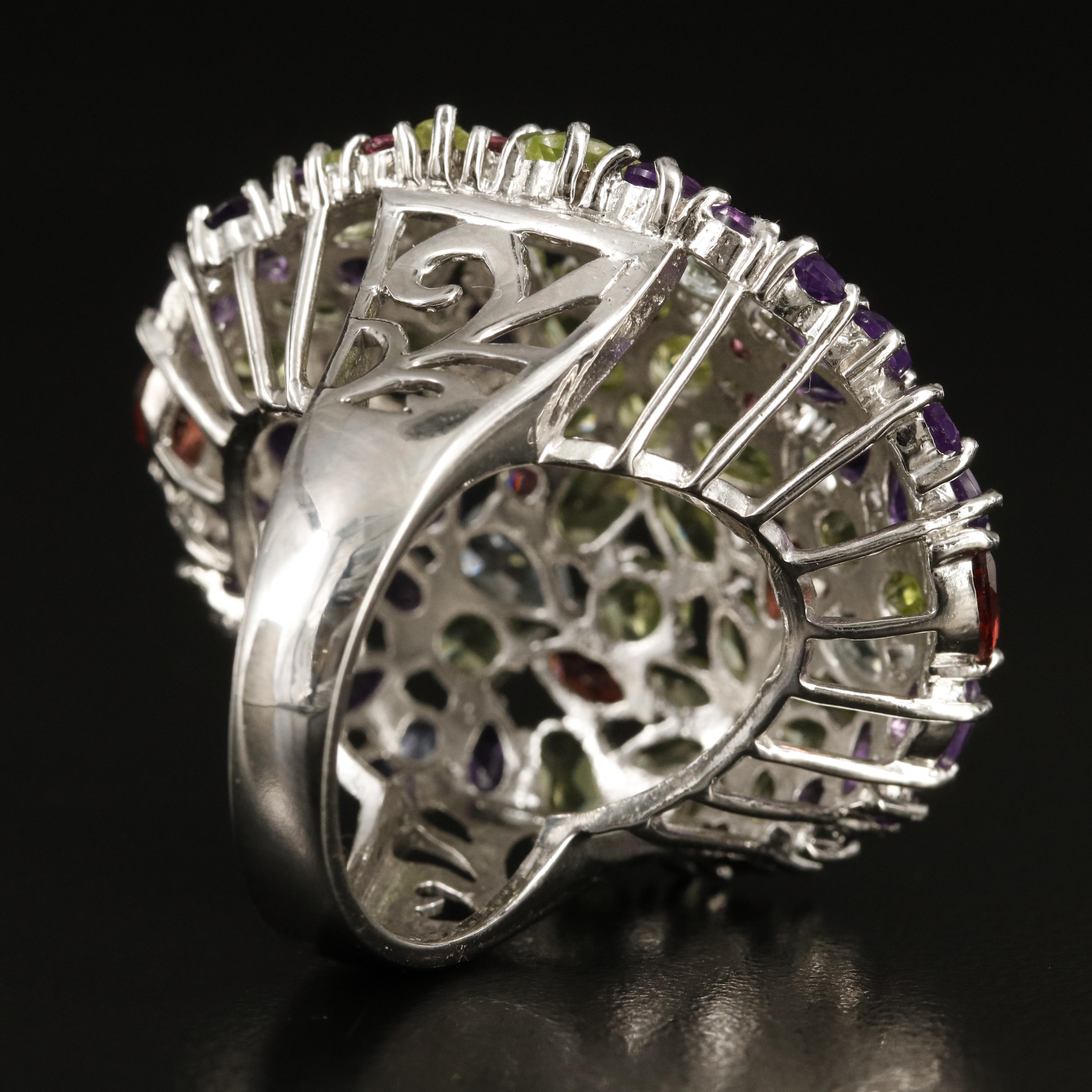 Sterling Peridot, Amethyst and Aquamarine Floral Statement Ring