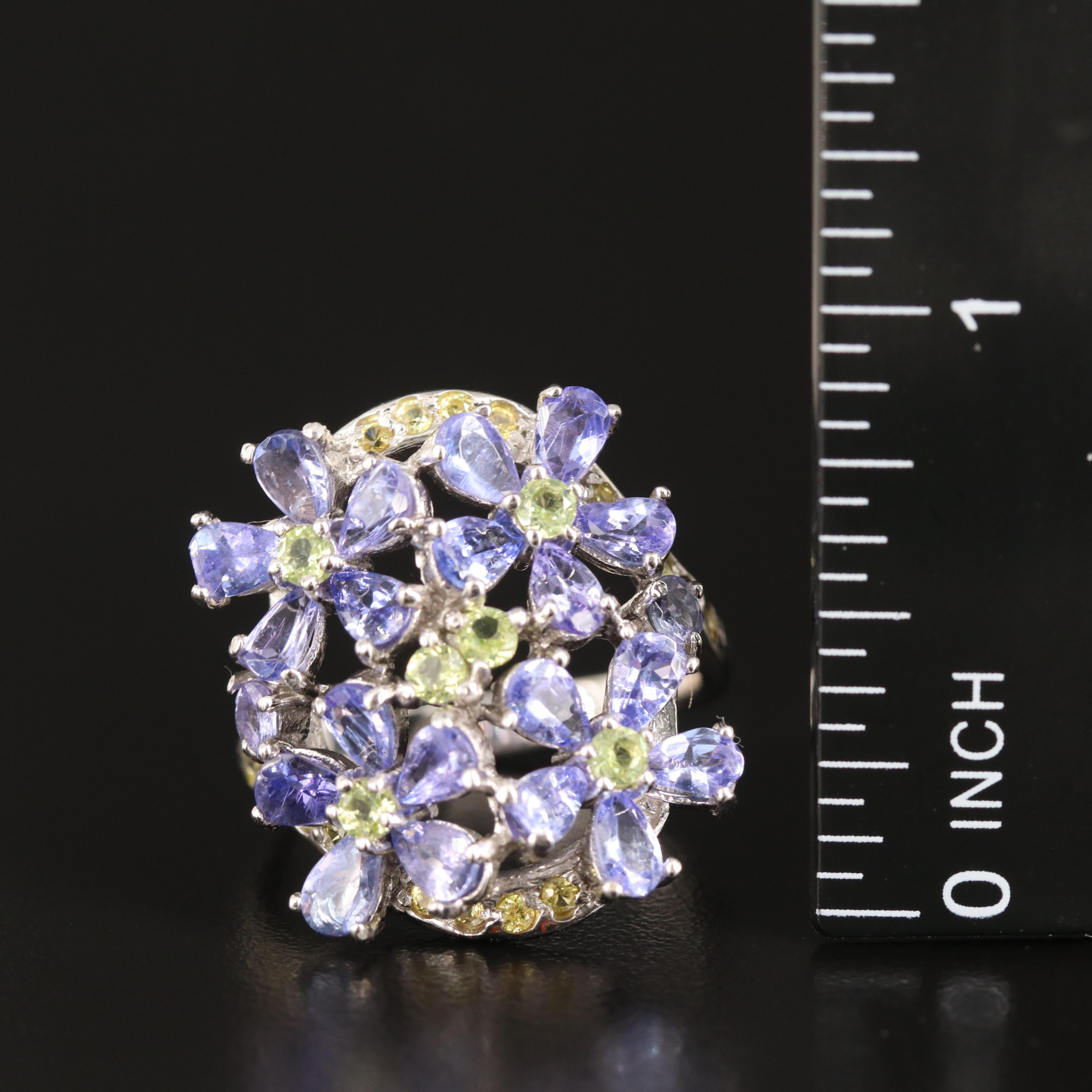 Sterling Tanzanite, Peridot and Yellow Sapphire Floral Cluster Ring
