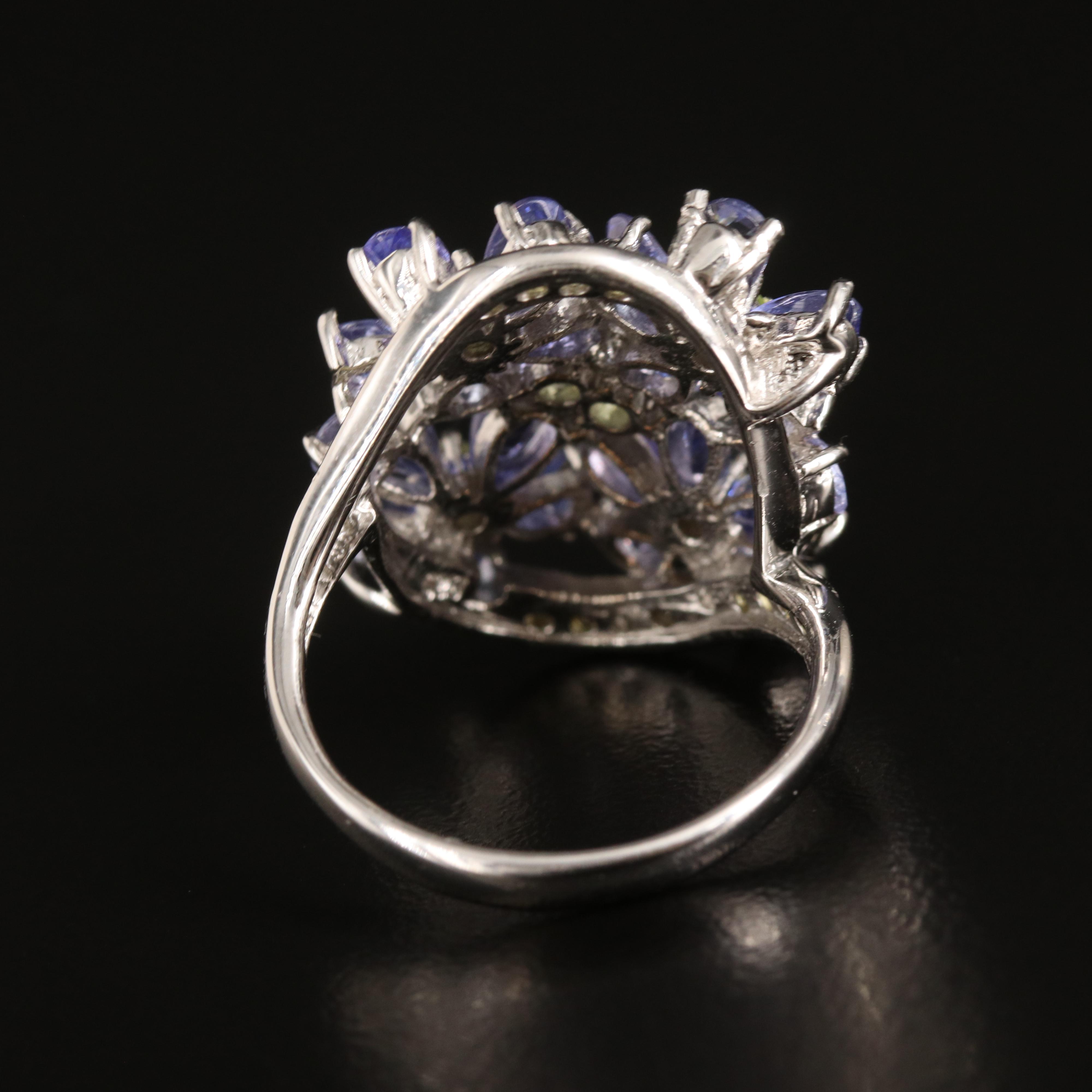 Sterling Tanzanite, Peridot and Yellow Sapphire Floral Cluster Ring