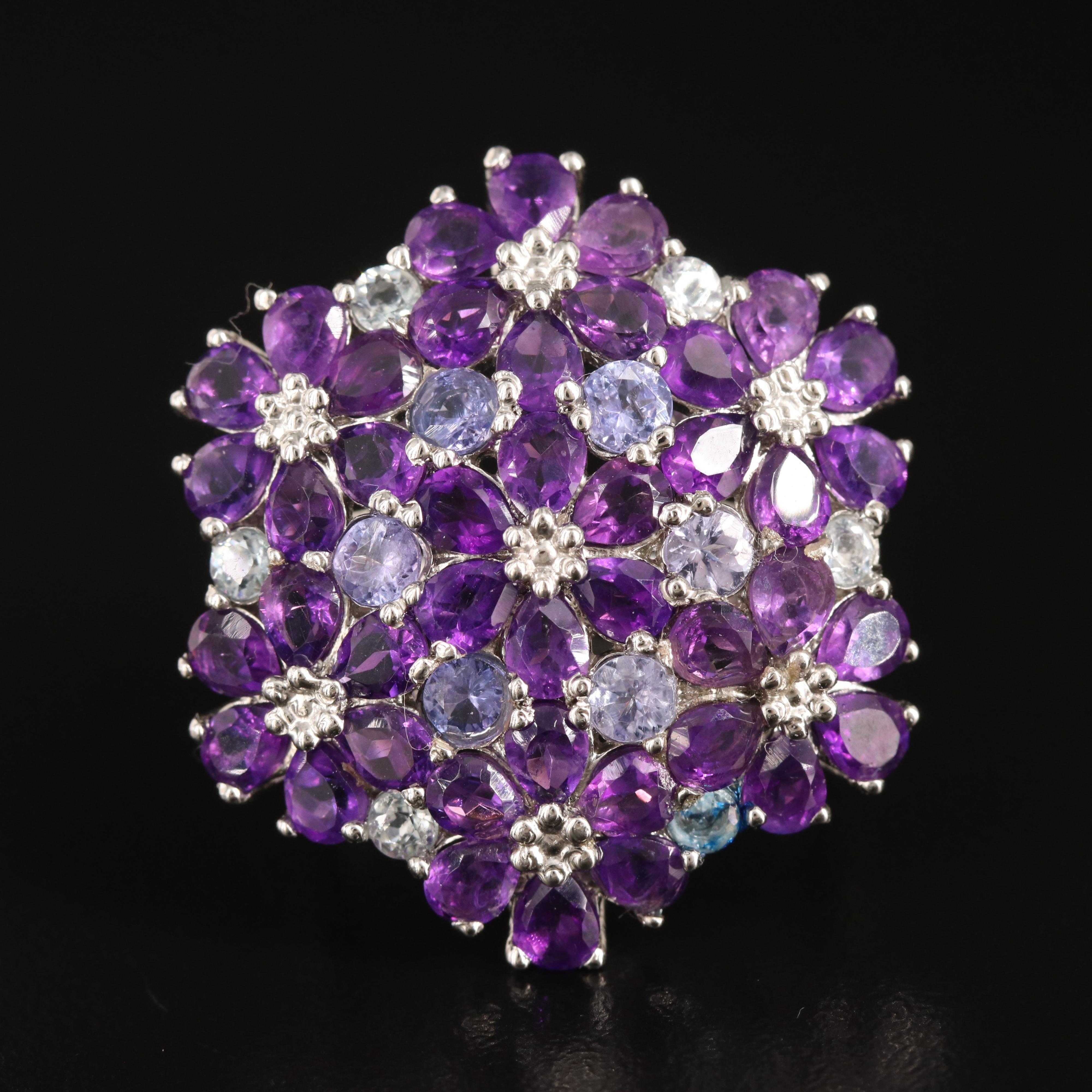 Sterling Amethyst, Tanzanite and Aquamarine Floral Cluster Ring