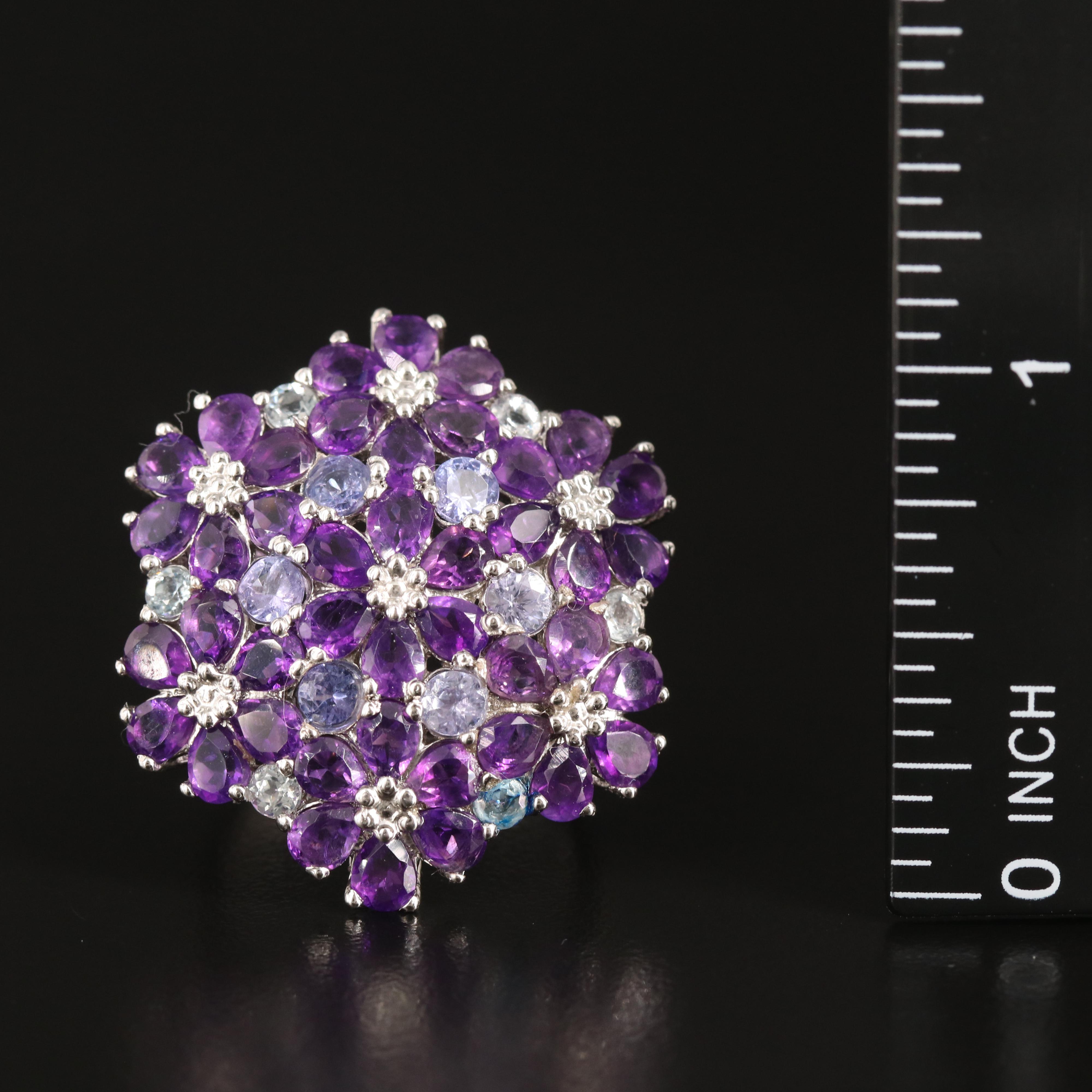 Sterling Amethyst, Tanzanite and Aquamarine Floral Cluster Ring