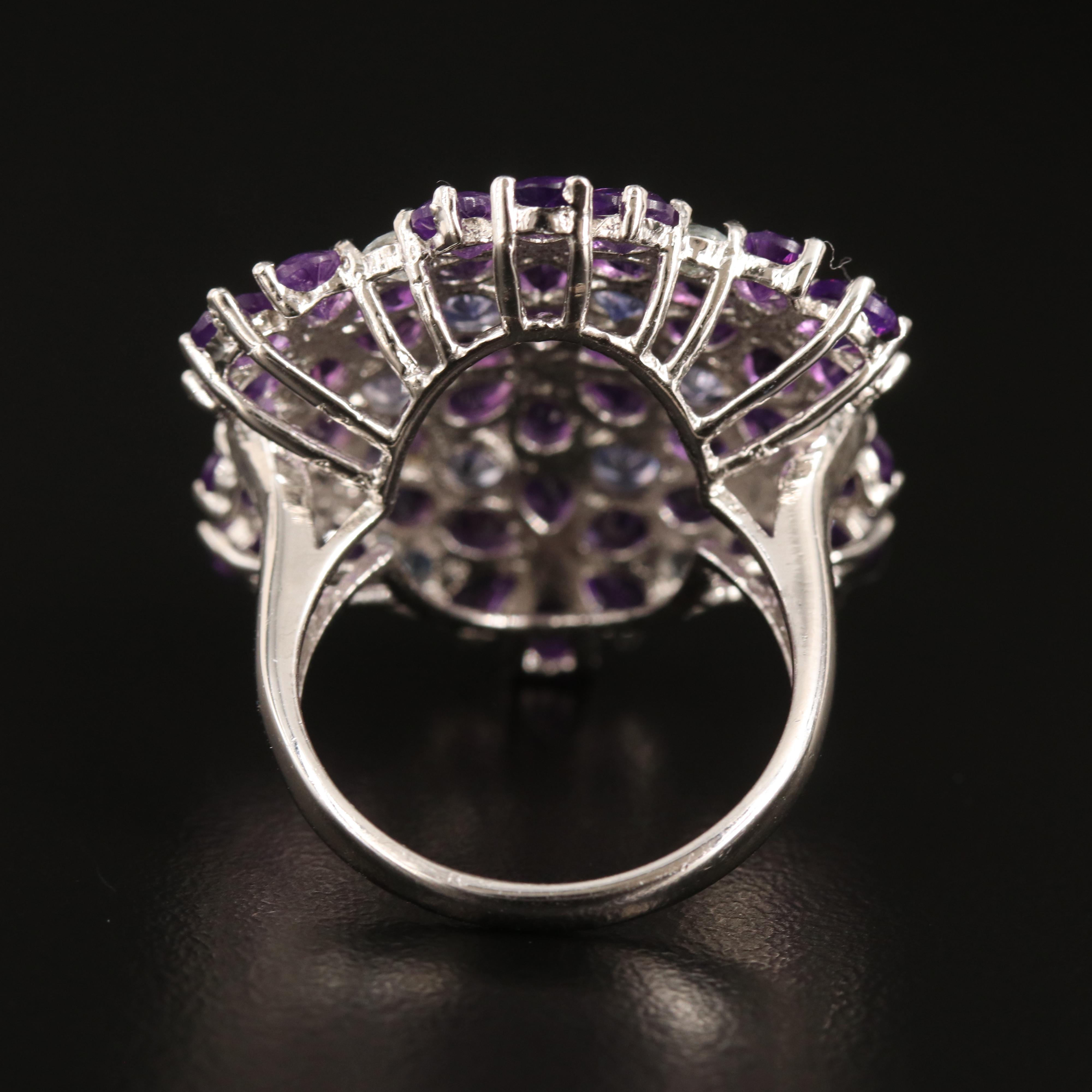 Sterling Amethyst, Tanzanite and Aquamarine Floral Cluster Ring