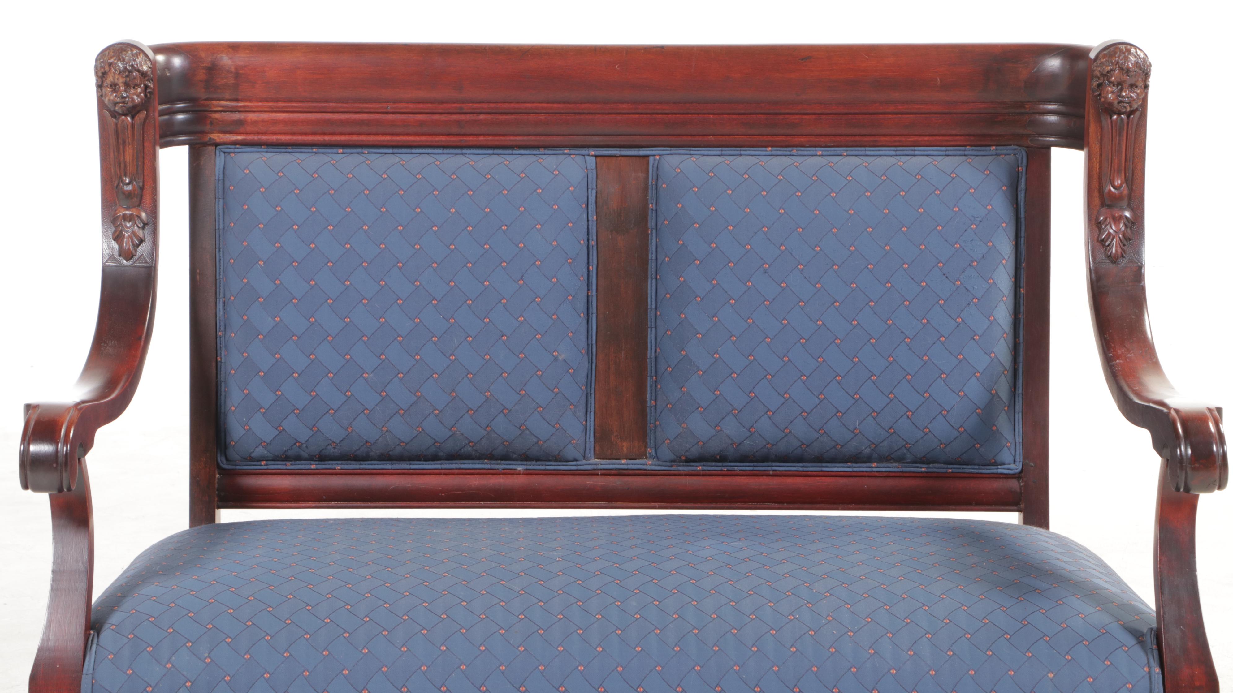 Victorian Renaissance Revival Upholstered Mahogany Settee, Circa 1900