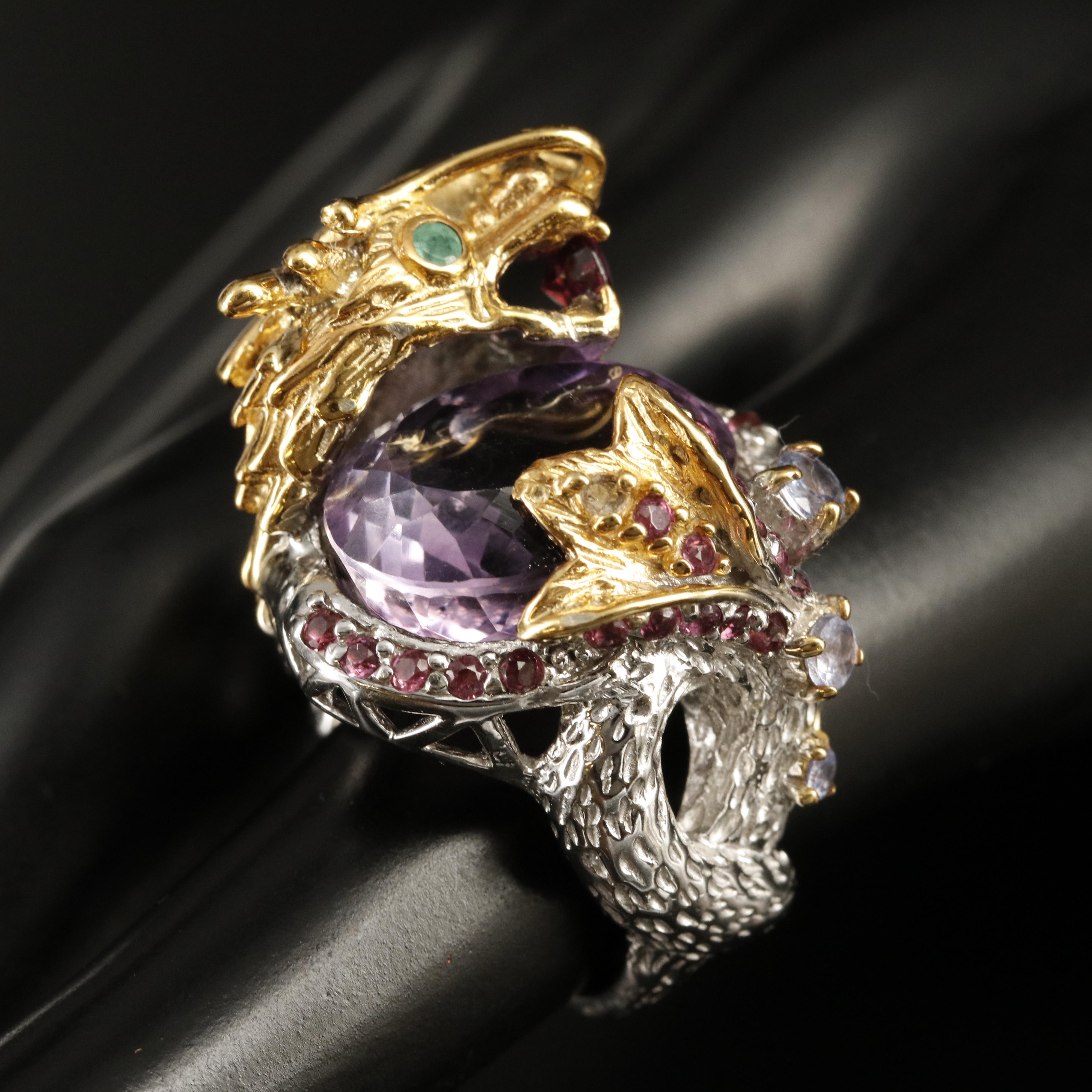 Sterling Amethyst and Gemstone Chinese Dragon Ring