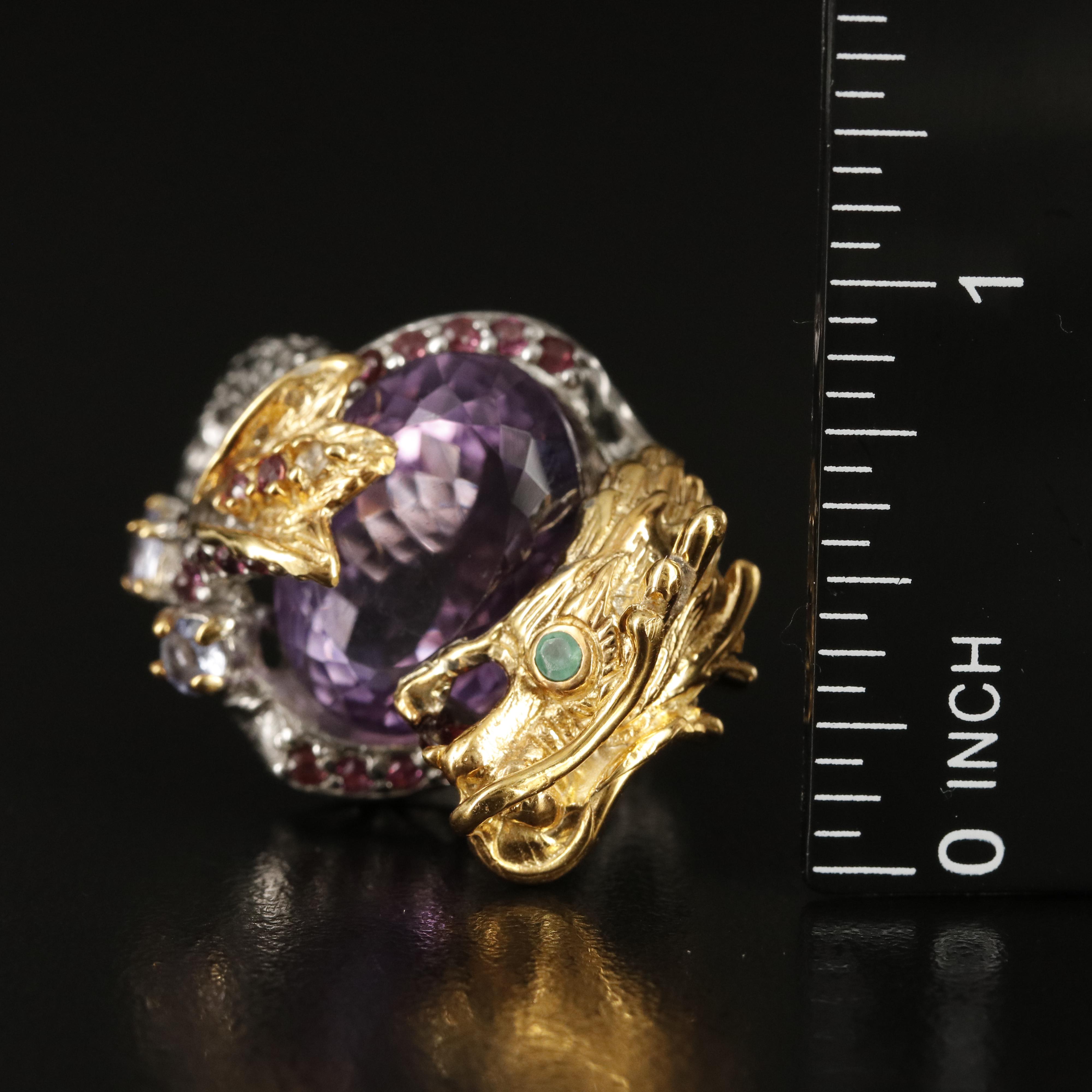 Sterling Amethyst and Gemstone Chinese Dragon Ring