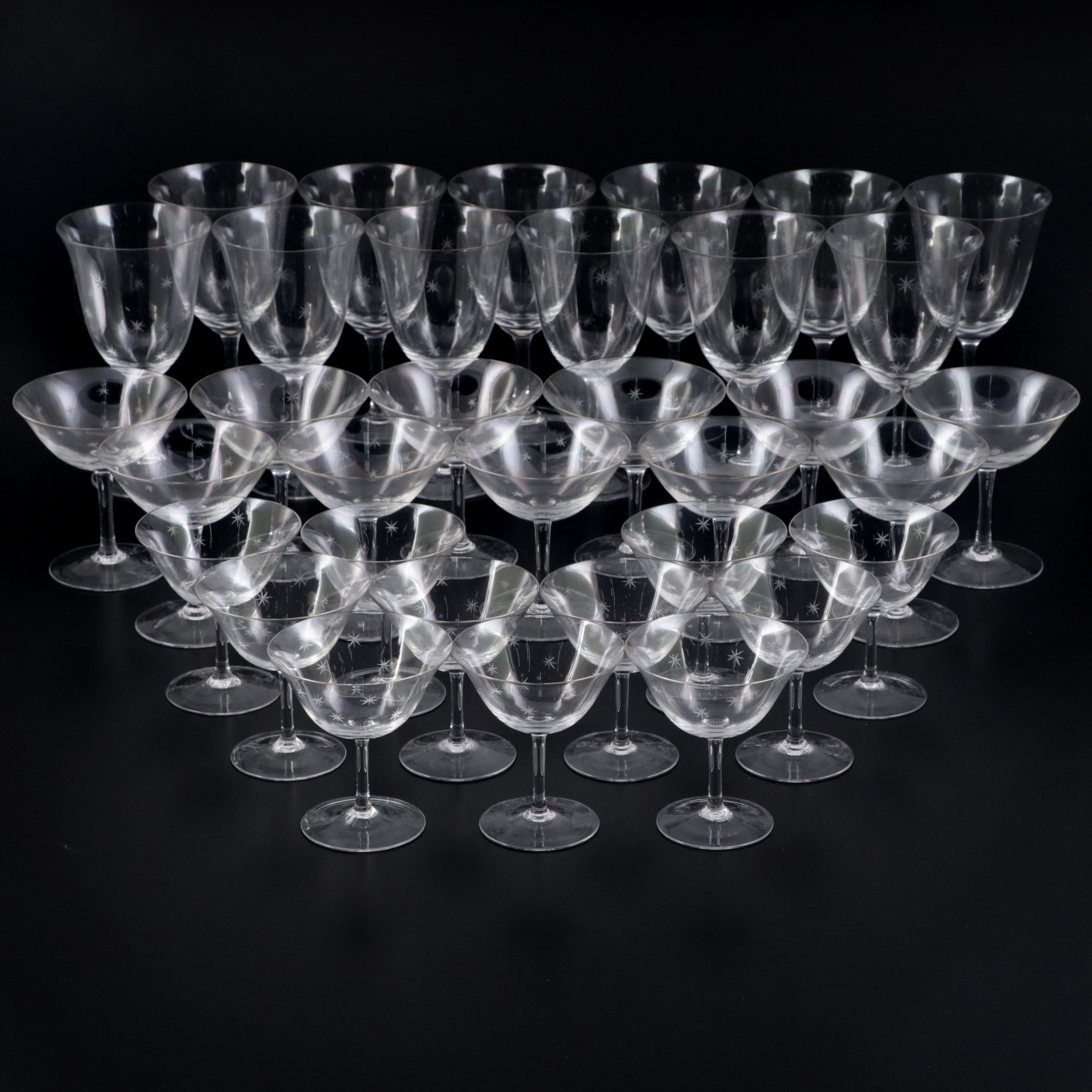 Star Cut Glass Champagne Coupes and Stemware, Mid to Late 20th C.
