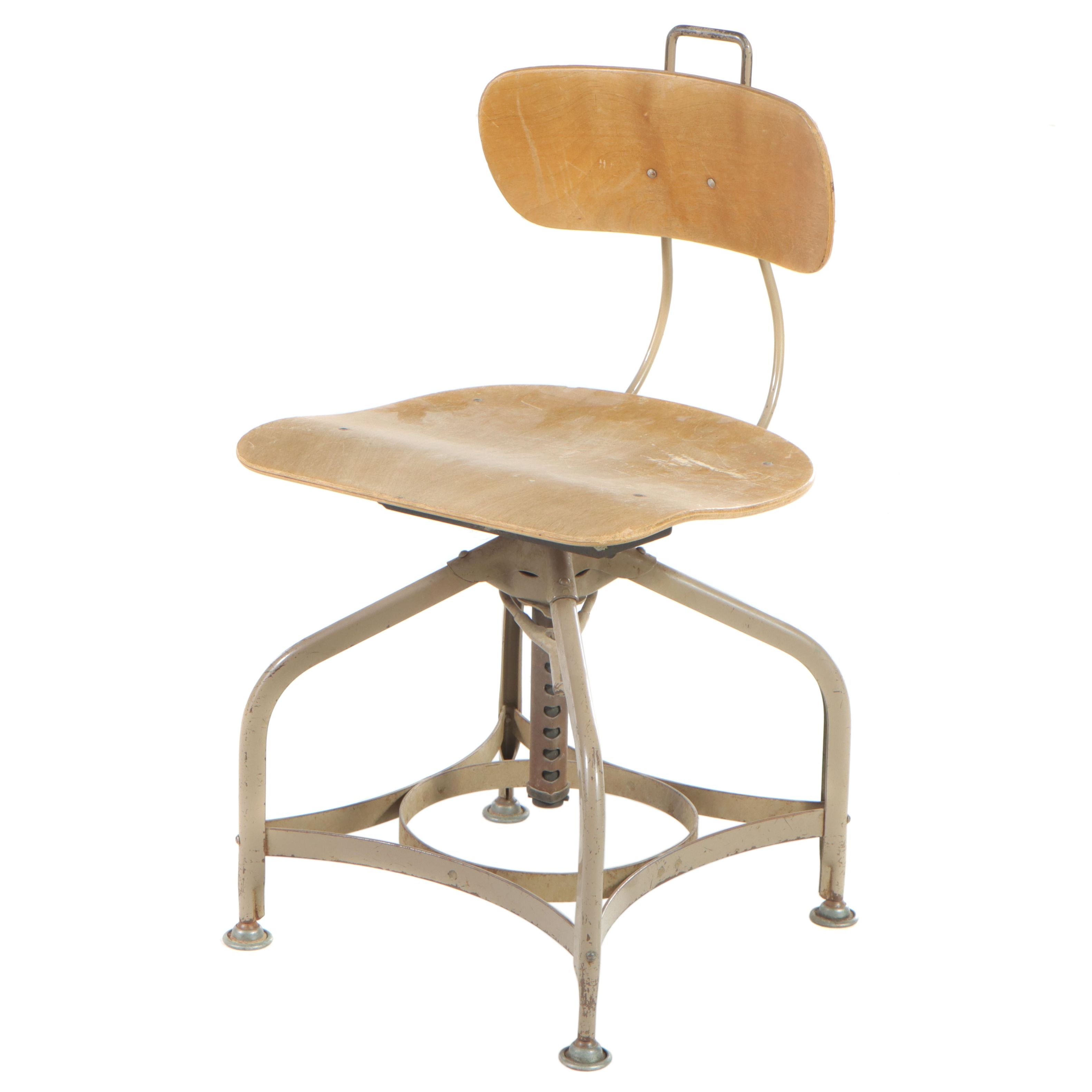 Industrial Birch and Metal Adjustable Drafting Stool, Mid to Late 20th Century