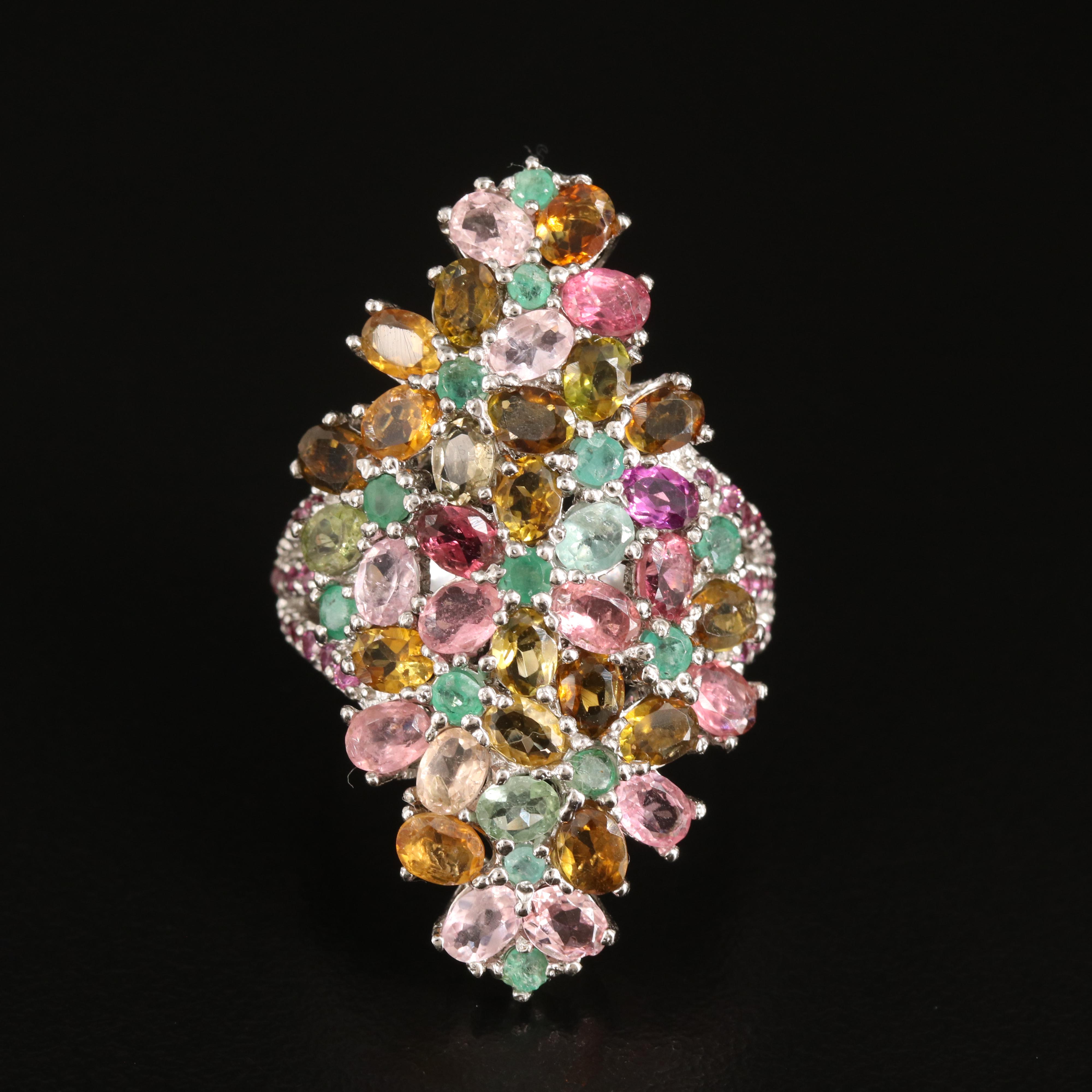 Sterling Tourmaline, Emerald and Garnet Floral Cluster Ring