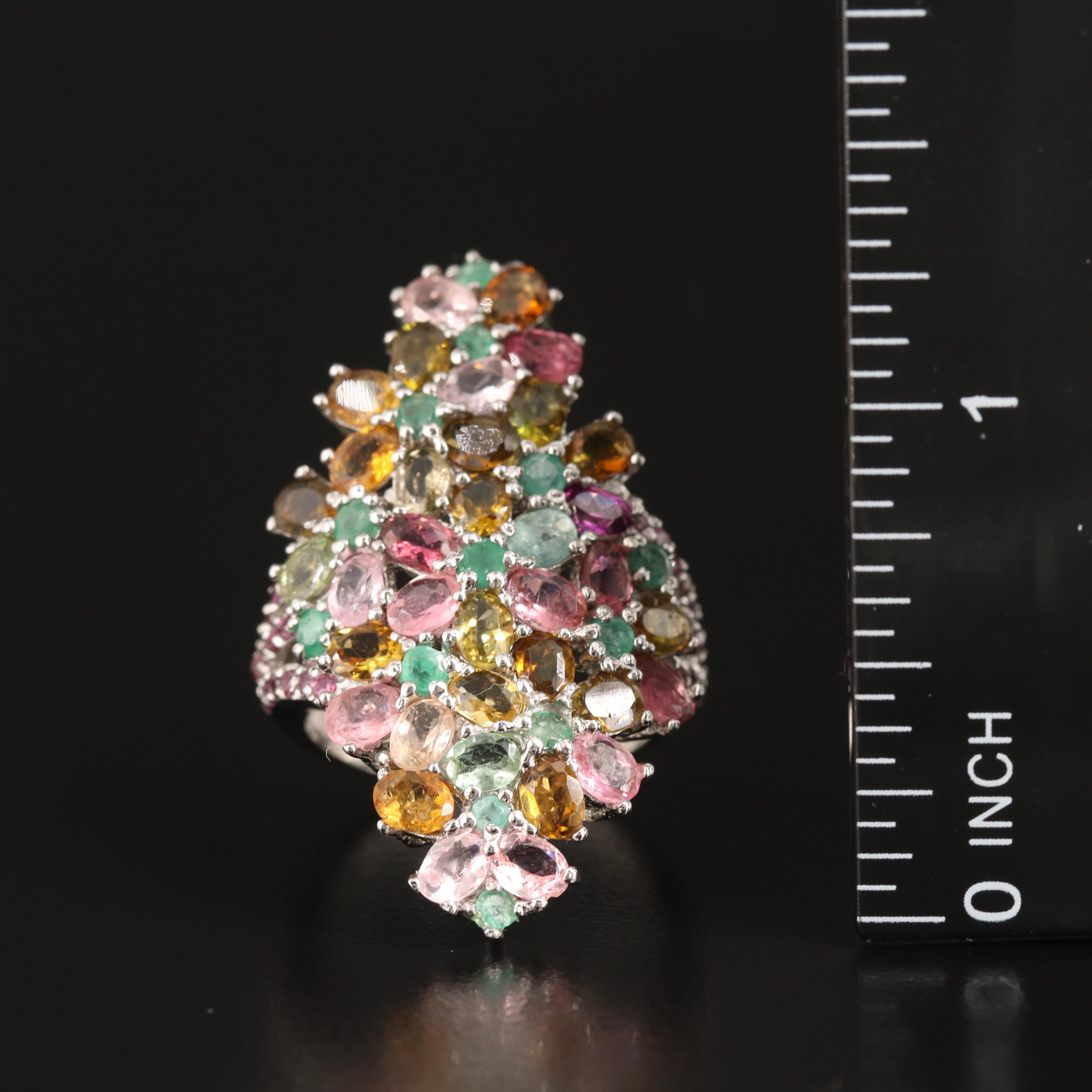 Sterling Tourmaline, Emerald and Garnet Floral Cluster Ring