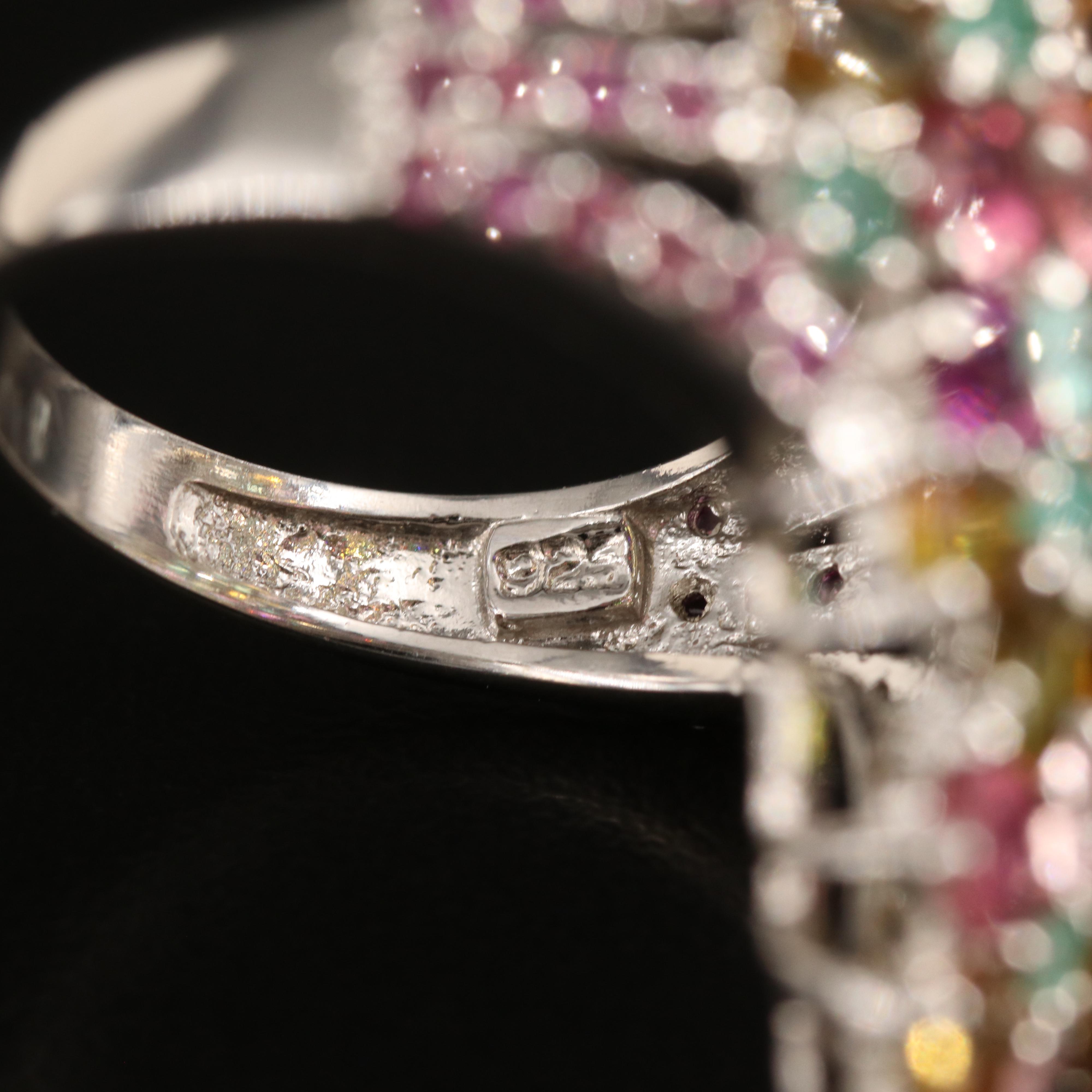 Sterling Tourmaline, Emerald and Garnet Floral Cluster Ring