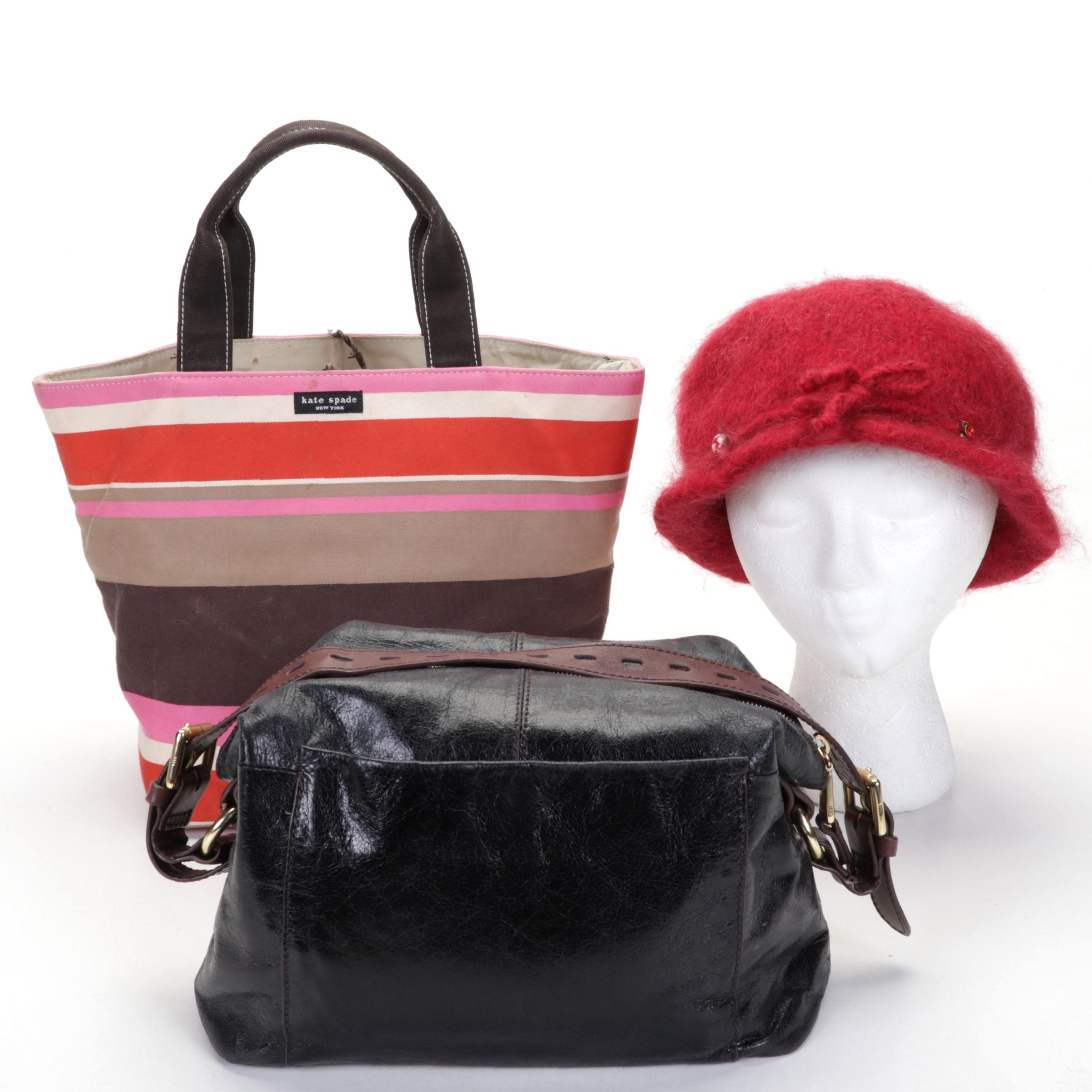 Kate Spade Striped Tote Bag, Red Wool Hat with Blown Glass Beads, and More