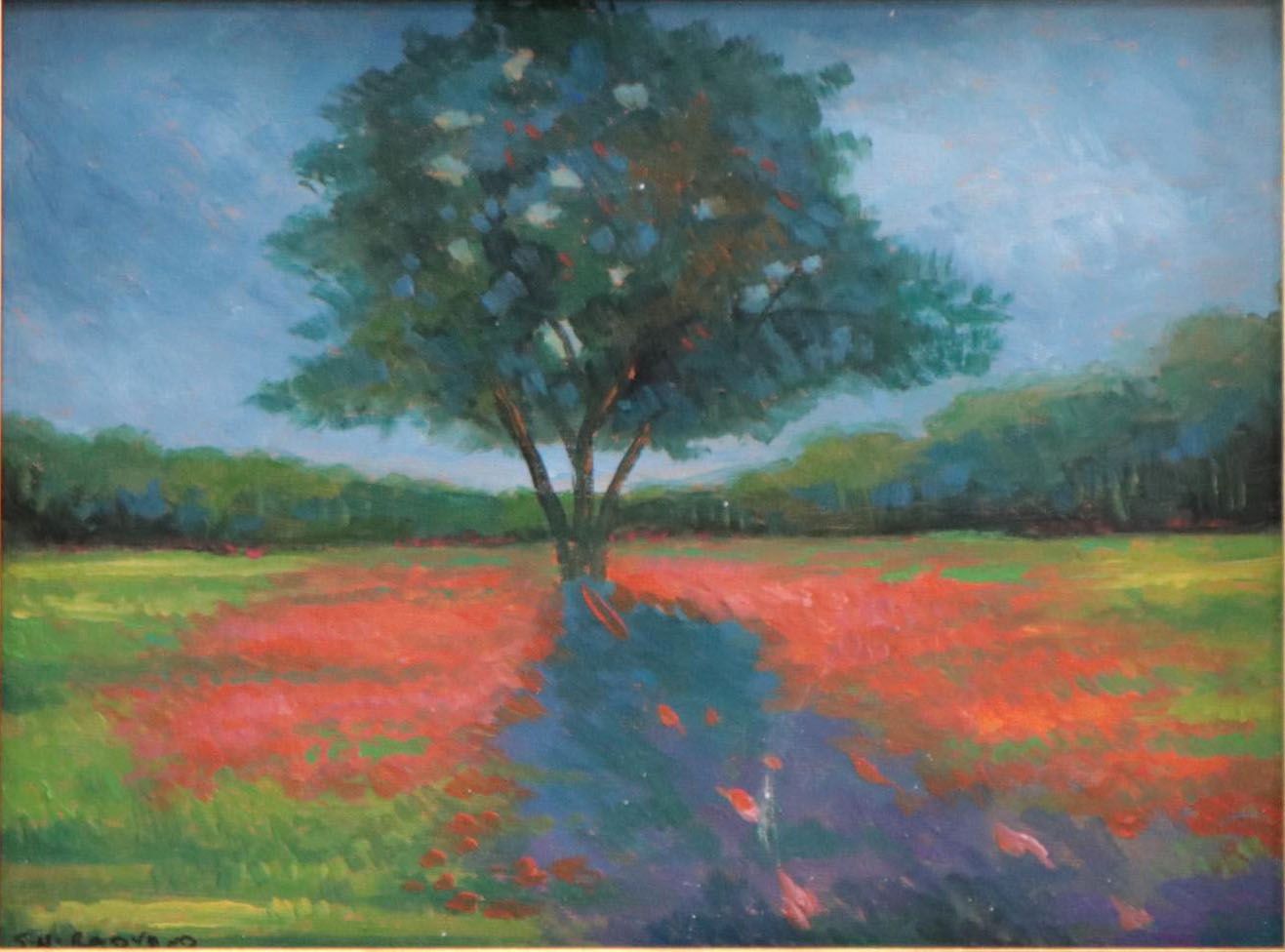 Sulmaz H. Radvand Oil Painting of Lone Tree in a Field of Flowers, 21st Century