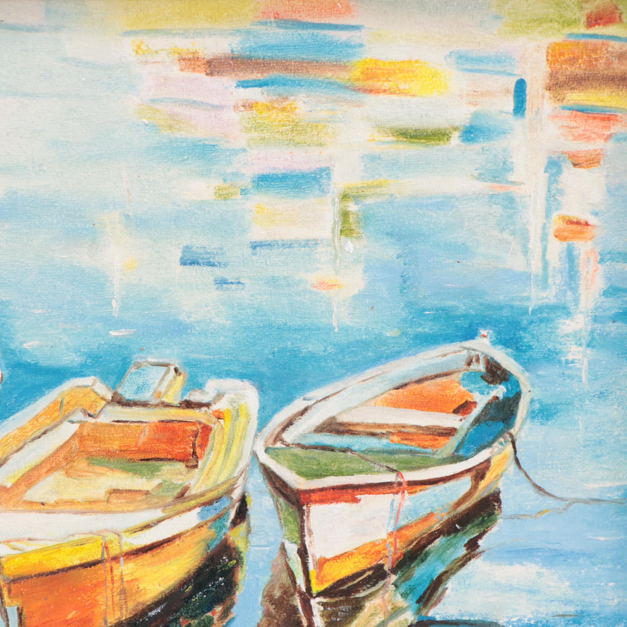 H. Mas Acrylic Painting of Rowboats, Late 20th Century