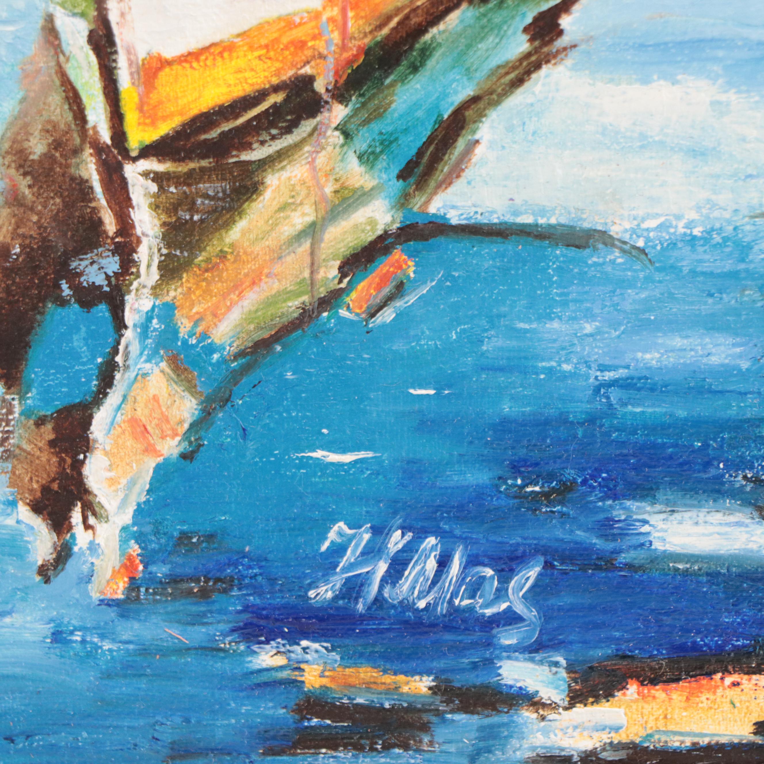 H. Mas Acrylic Painting of Rowboats, Late 20th Century