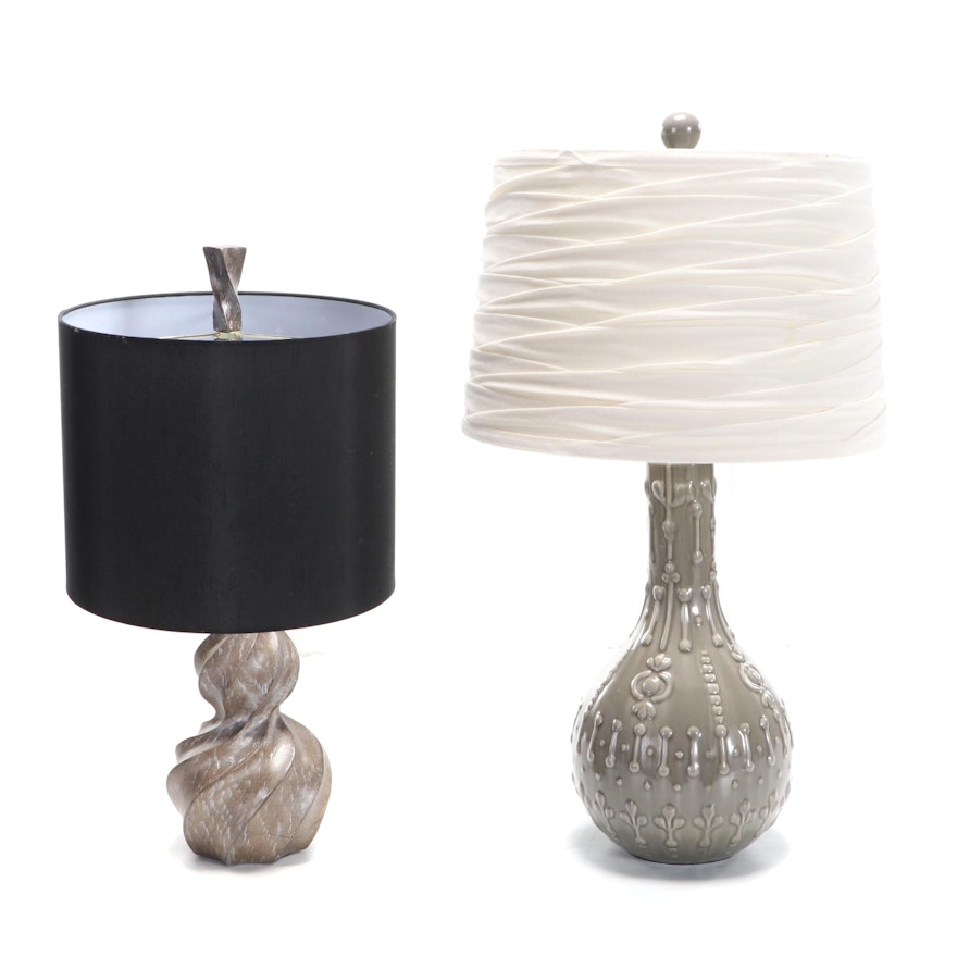 Contemporary Ceramic and Resin Statement Table Lamps, One With Ruched Shade