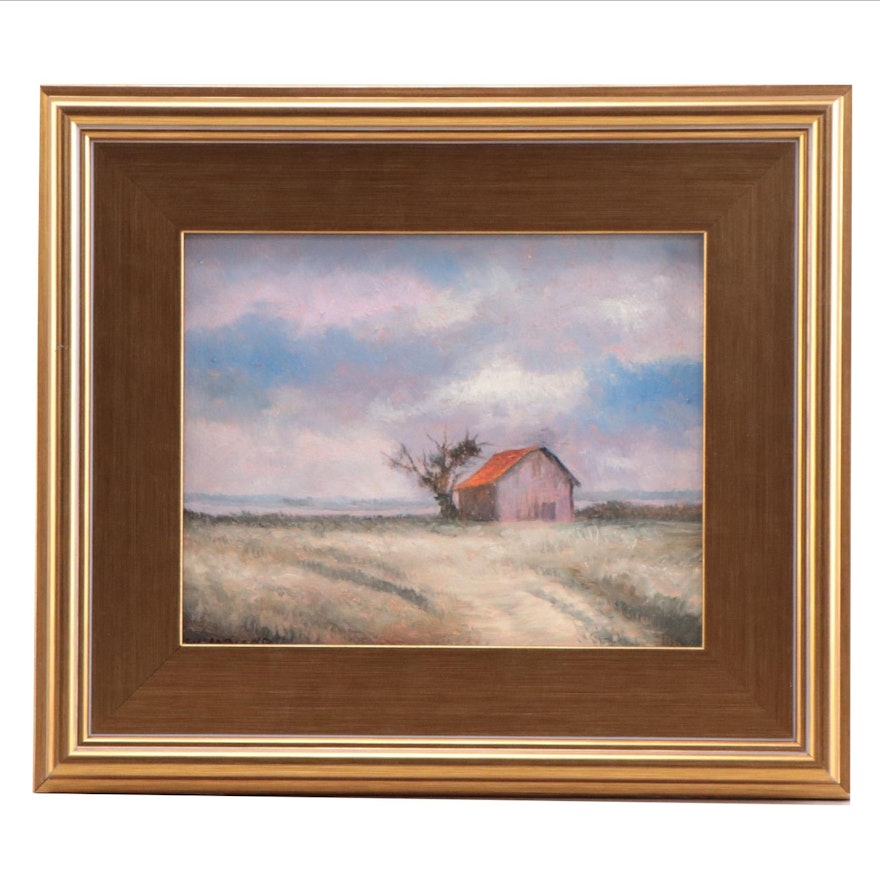 Sulmaz H. Radvand Landscape Oil Painting of Barn, 21st Century