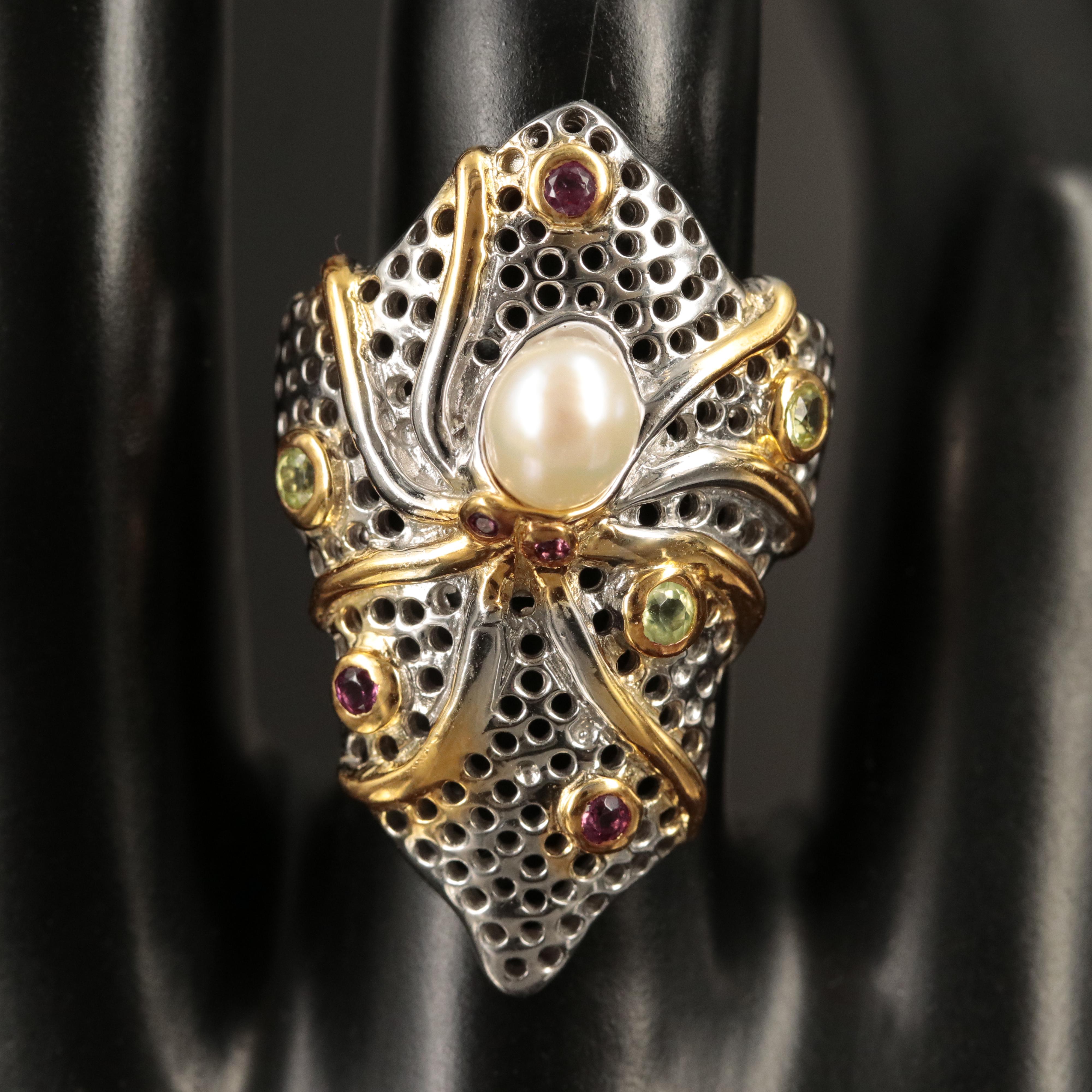 Sterling Pearl, Peridot and Tourmaline Spider Ring
