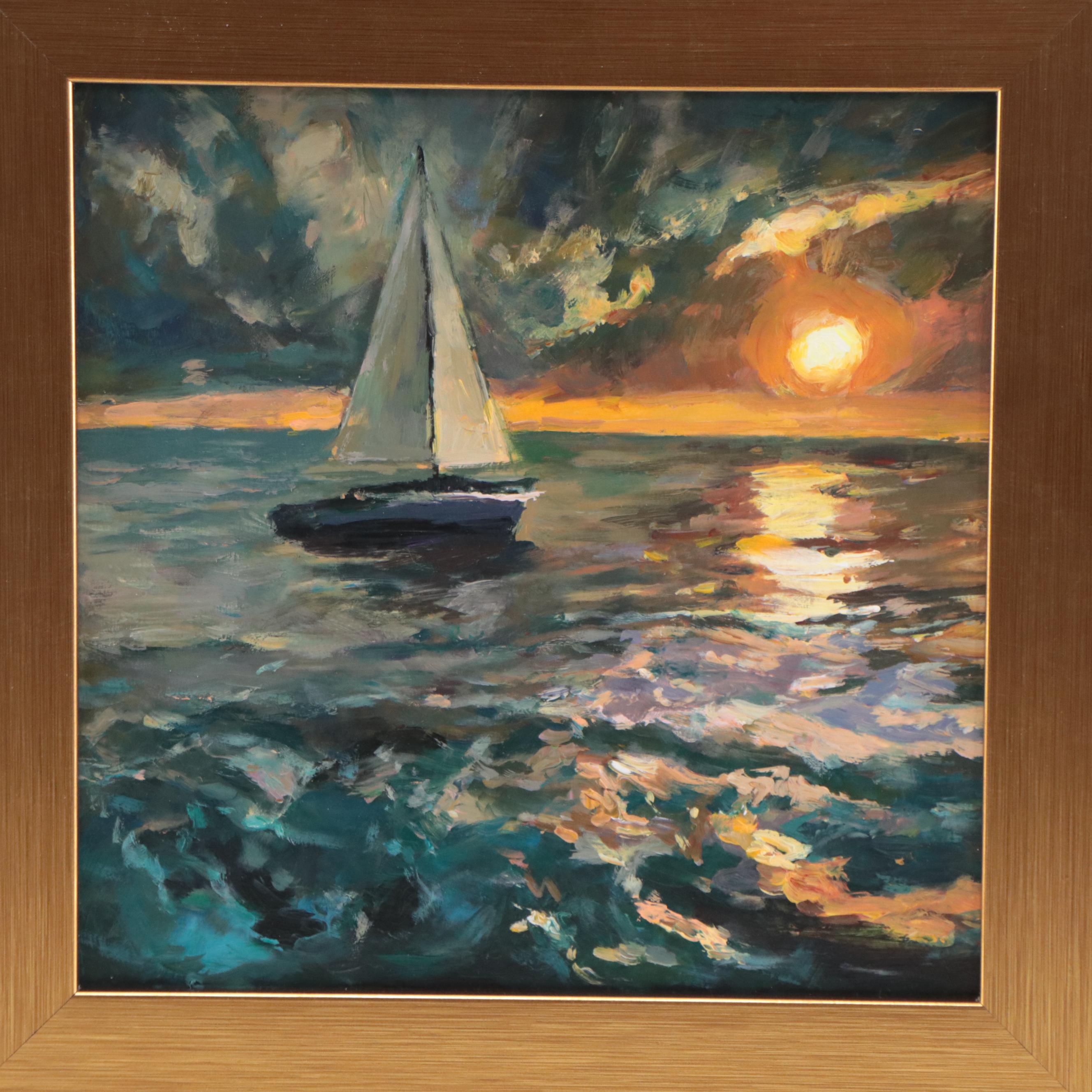 Oil Painting of Sailing Ship at Sunrise, 1998