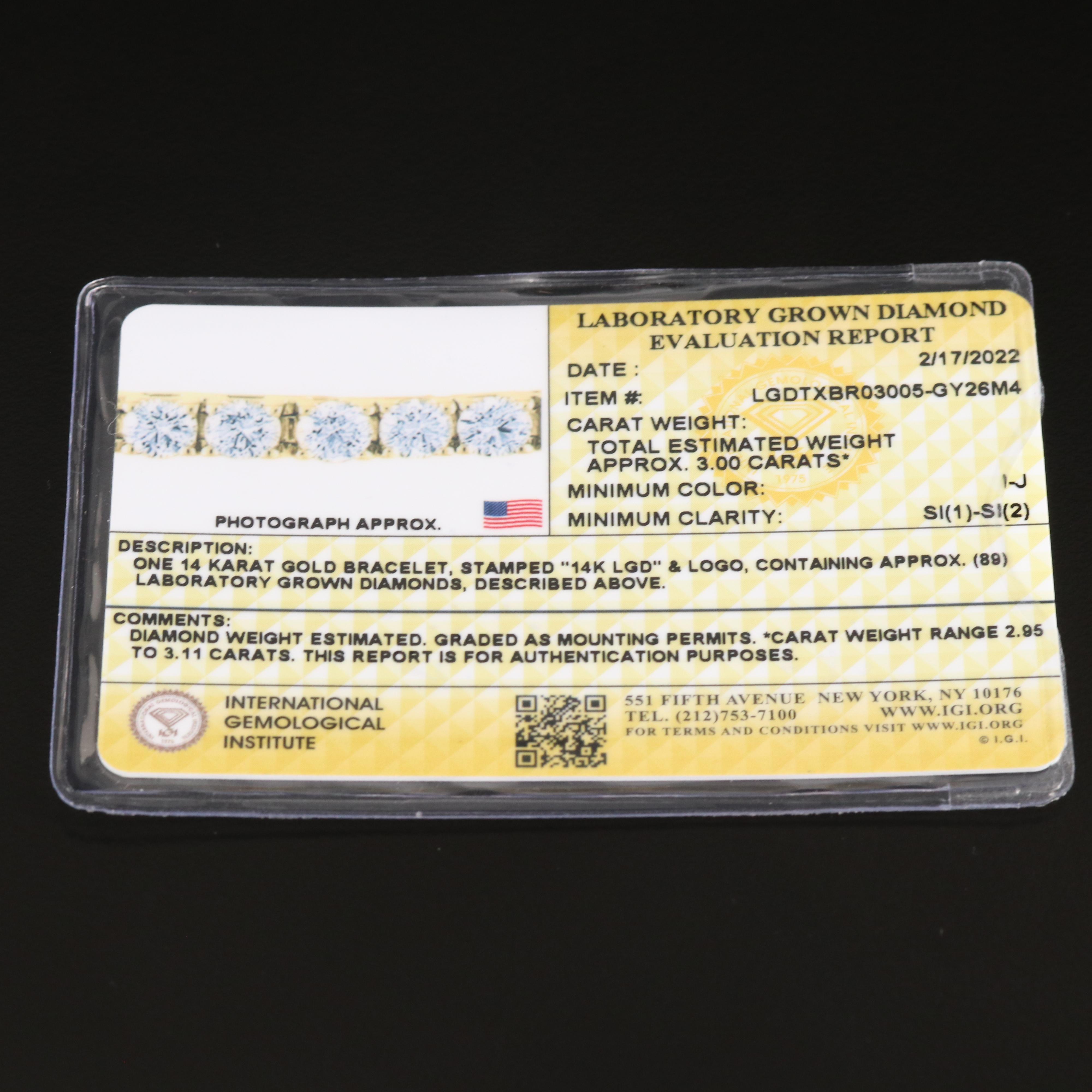 14K 3.00 CTW Lab Grown Diamond Line Bracelet with IGI Report