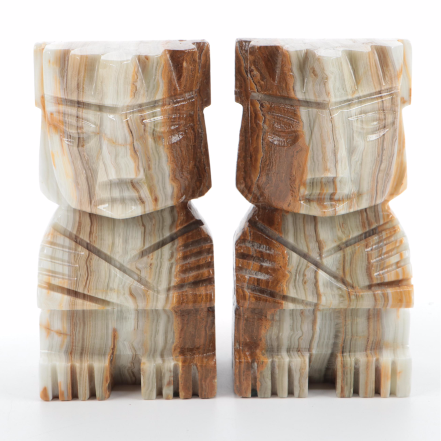 Carved Banded Calcite  Figural Bookends, Mid to Late 20th Century