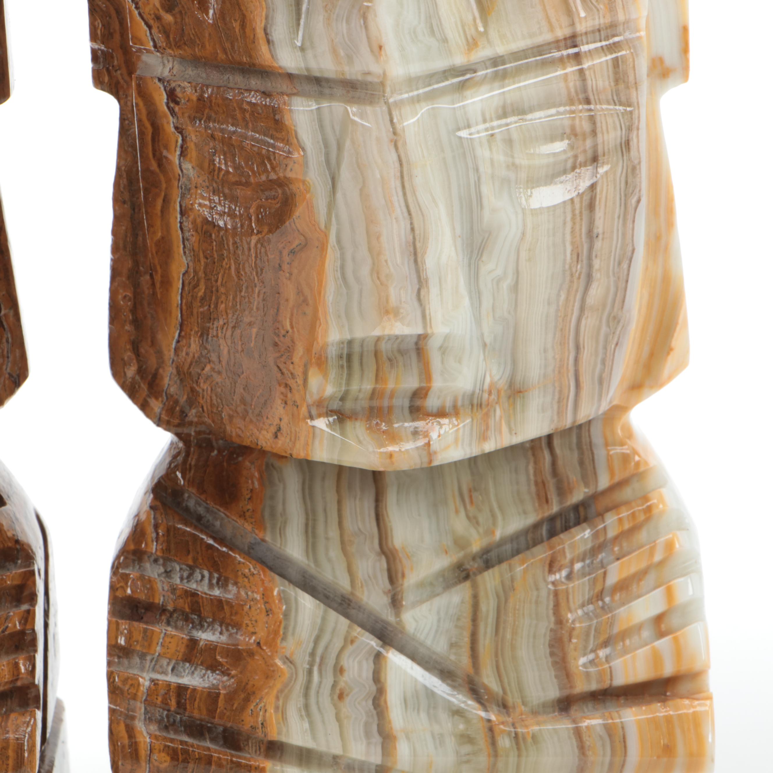 Carved Banded Calcite  Figural Bookends, Mid to Late 20th Century