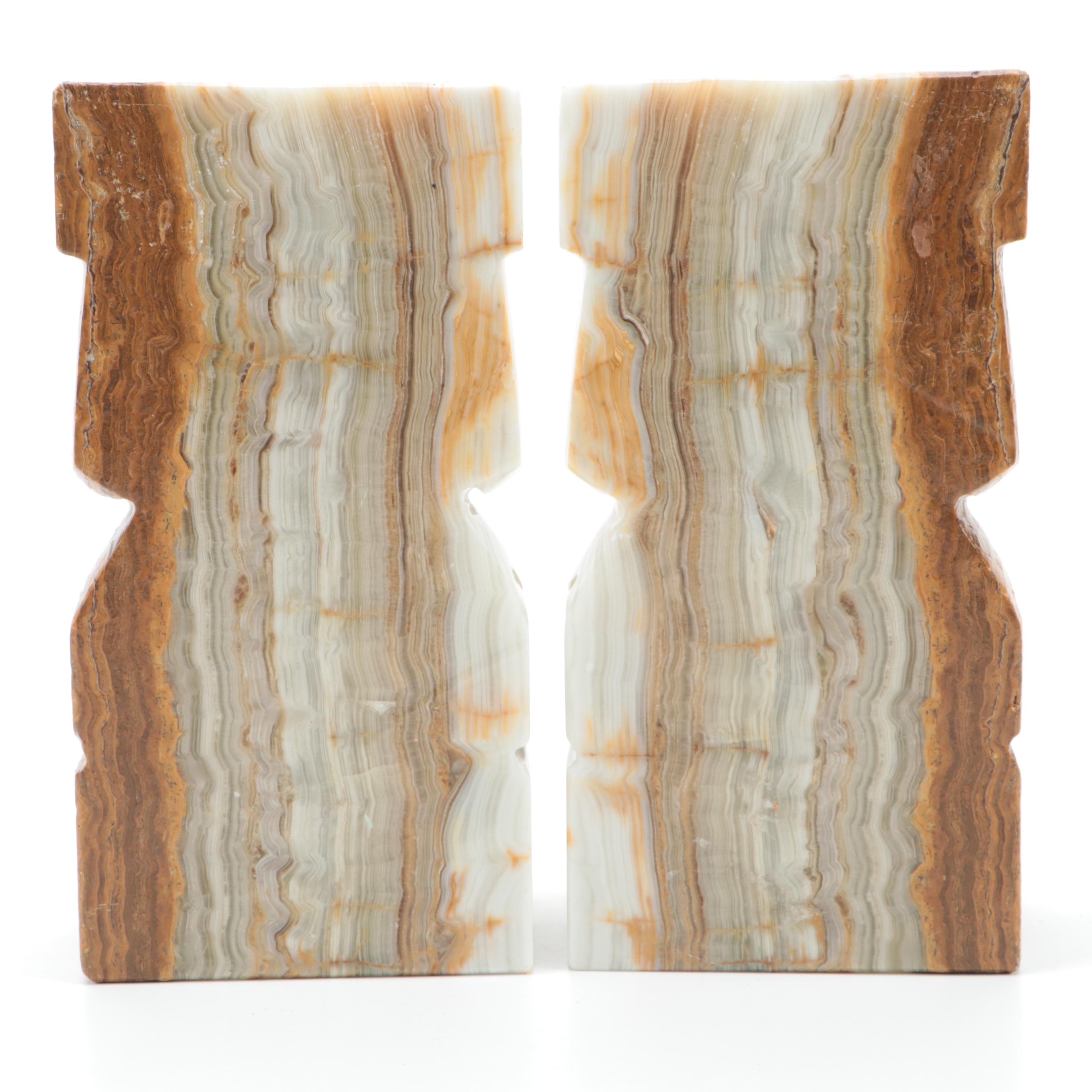 Carved Banded Calcite  Figural Bookends, Mid to Late 20th Century